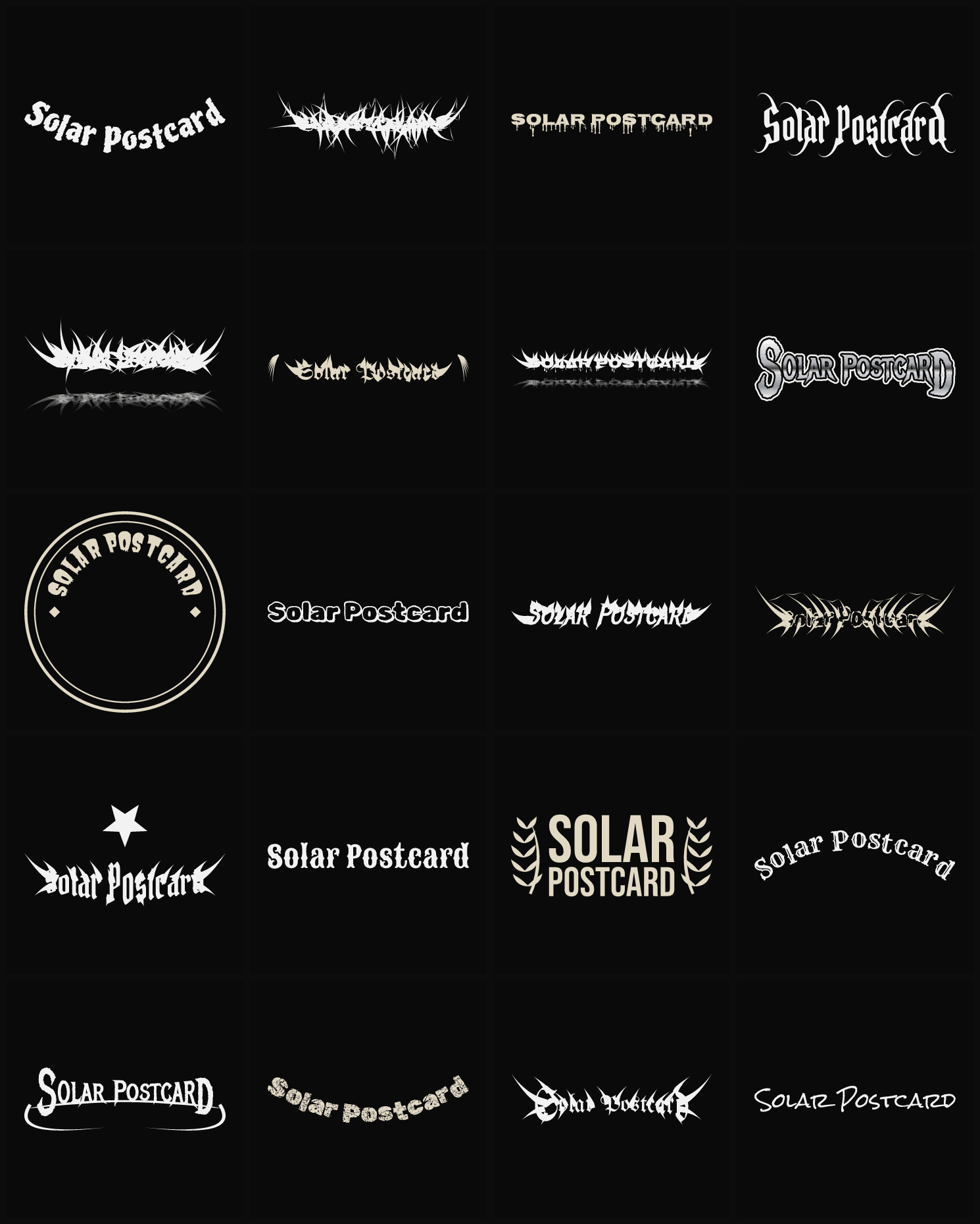 Twenty Solar Postcard band logo ideas — different faces, treatments and spike settings