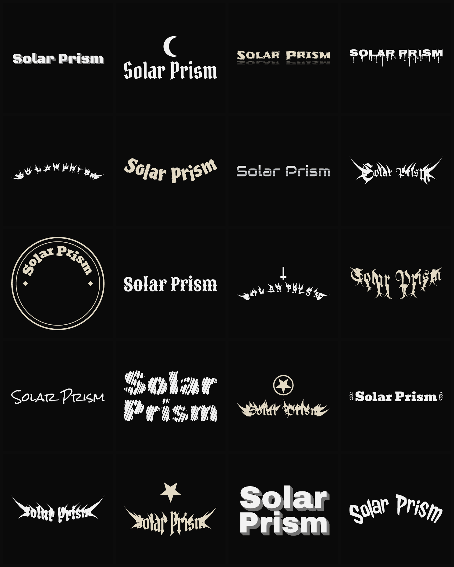 Twenty Solar Prism band logo ideas — different faces, treatments and spike settings