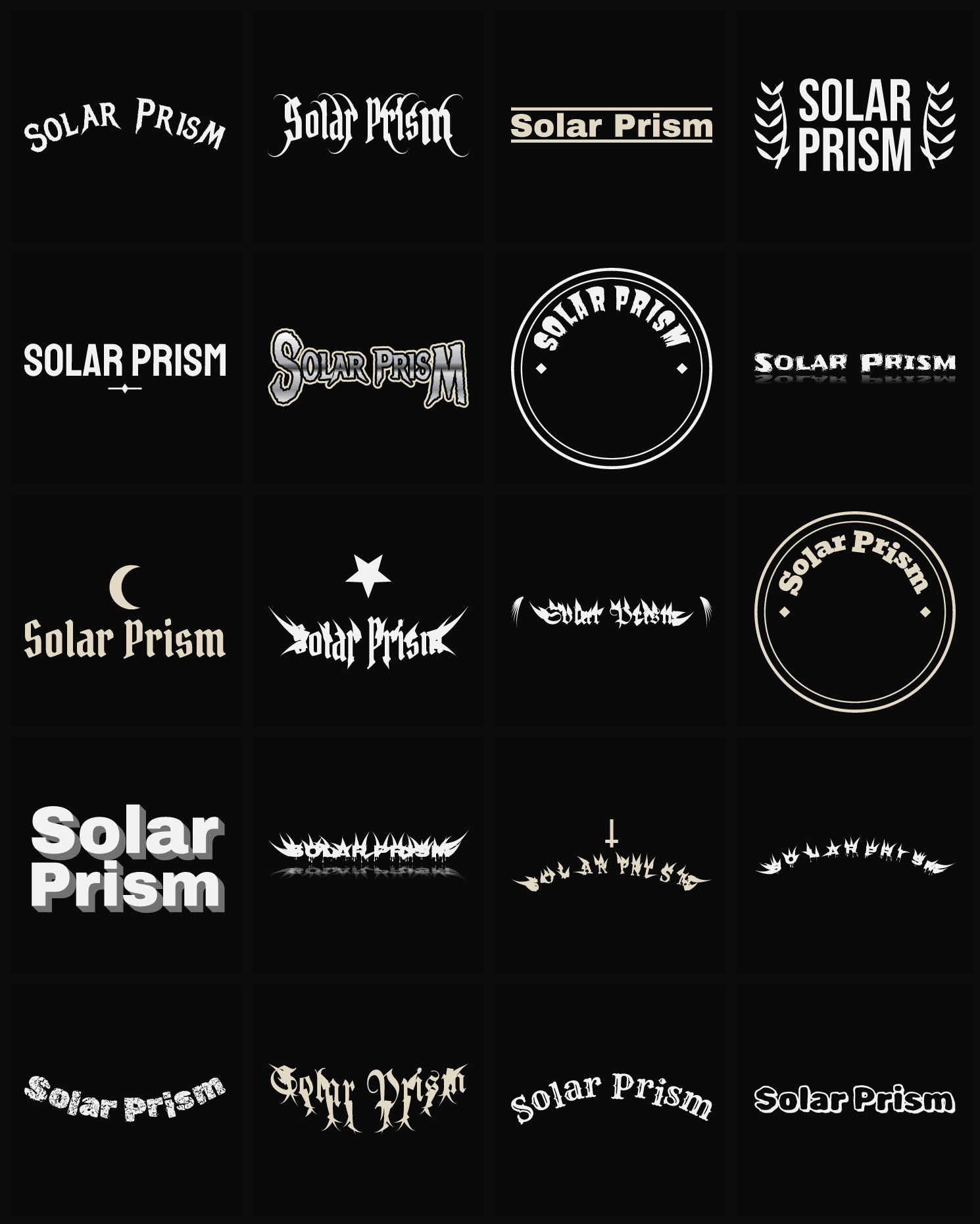 Twenty Solar Prism band logo ideas — different faces, treatments and spike settings