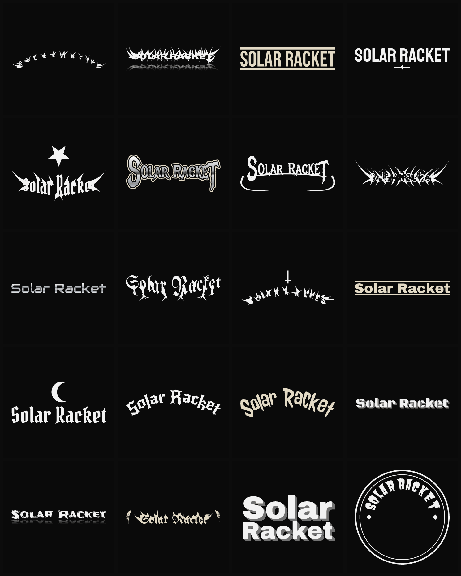 Twenty Solar Racket band logo ideas — different faces, treatments and spike settings