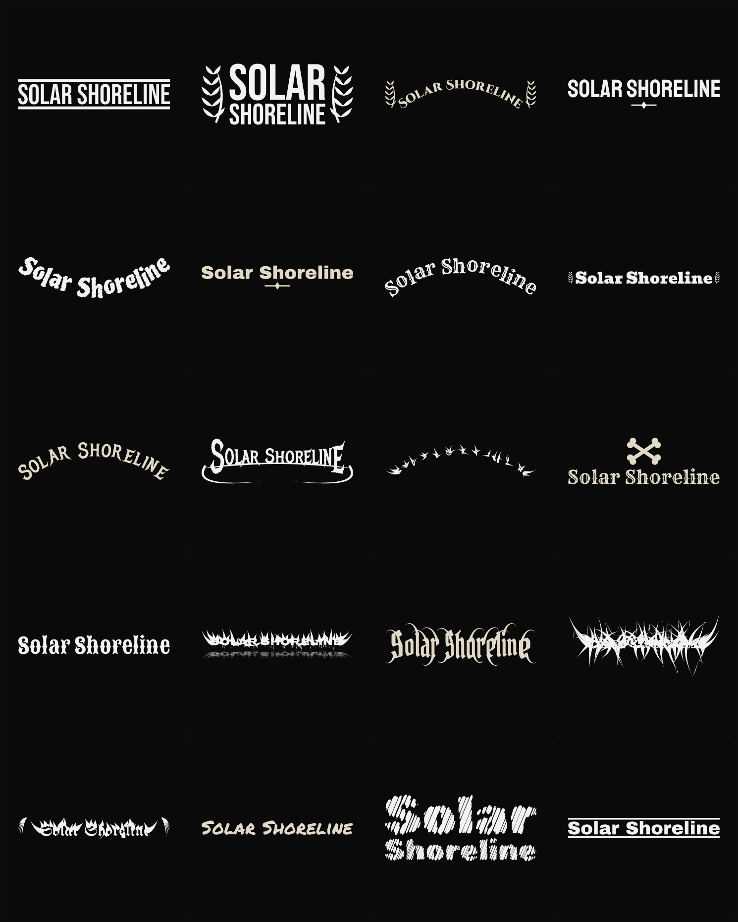 Twenty Solar Shoreline band logo ideas — different faces, treatments and spike settings