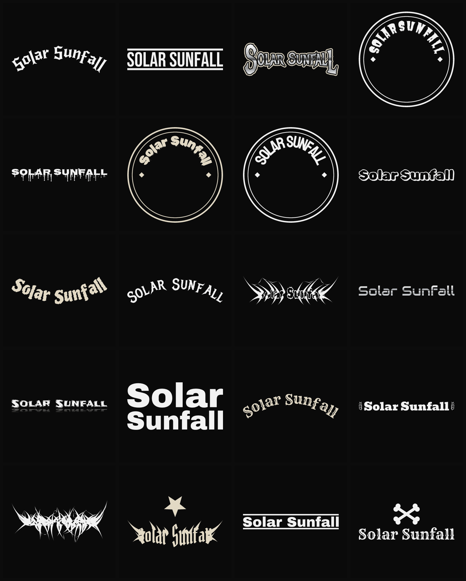 Twenty Solar Sunfall band logo ideas — different faces, treatments and spike settings
