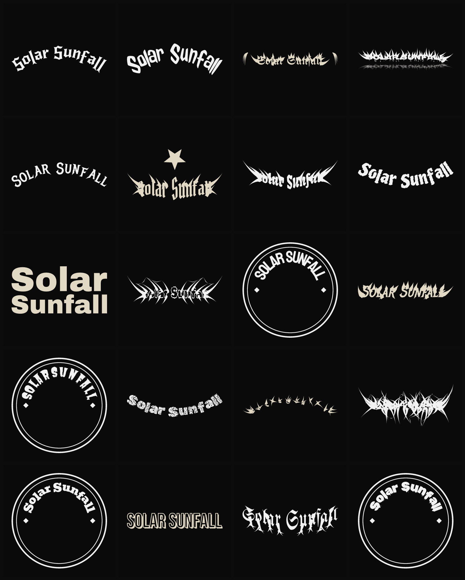 Twenty Solar Sunfall band logo ideas — different faces, treatments and spike settings