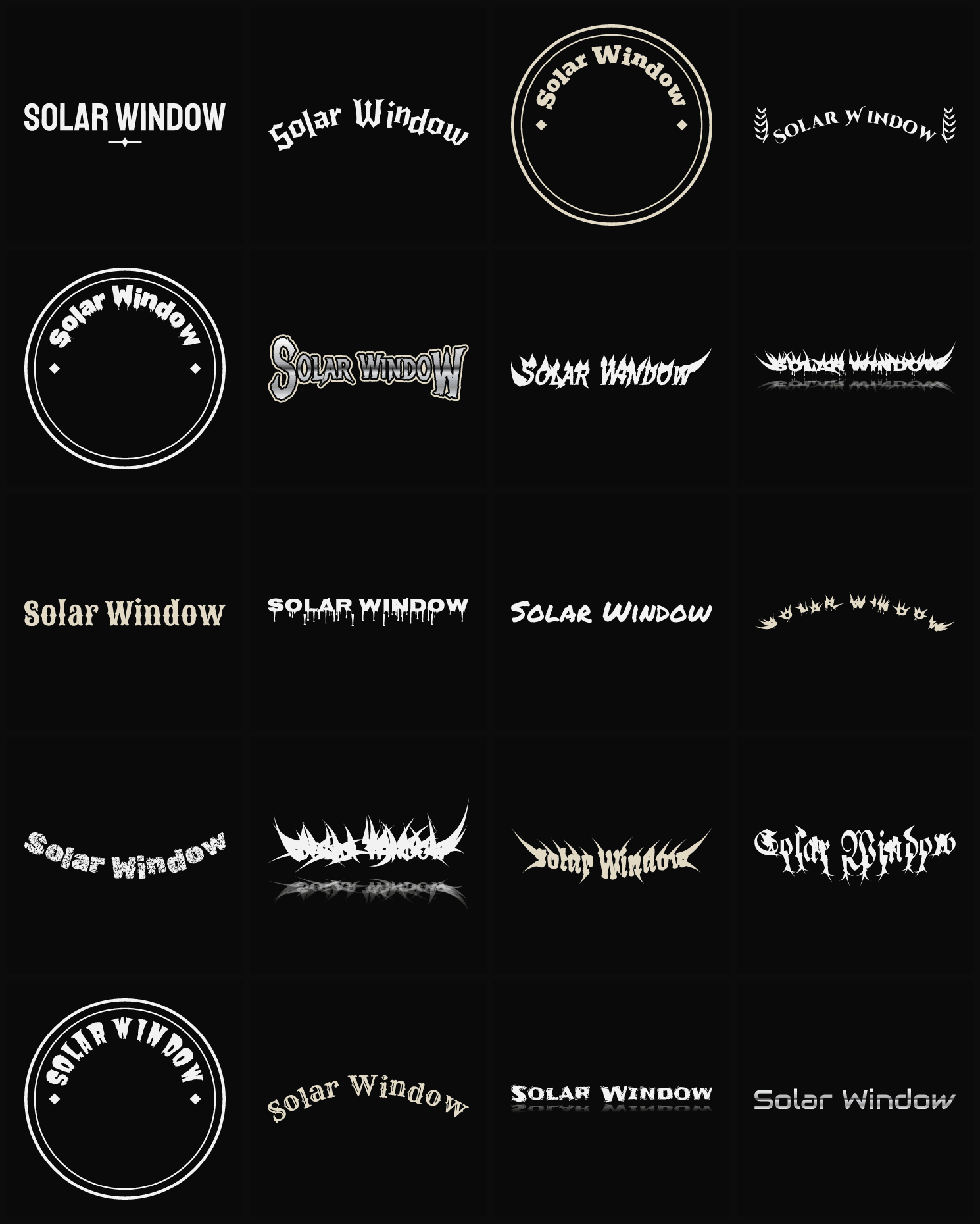 Twenty Solar Window band logo ideas — different faces, treatments and spike settings