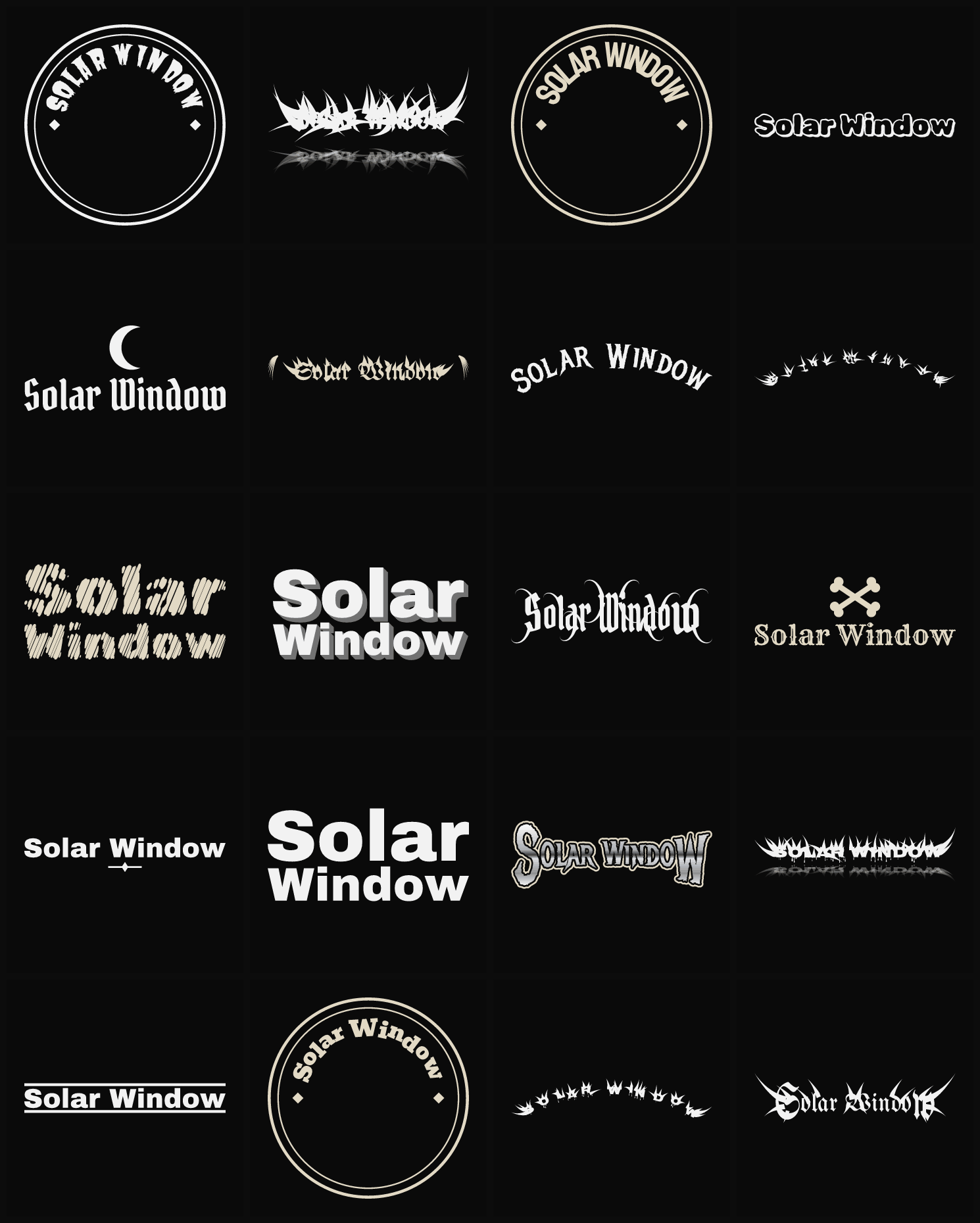 Twenty Solar Window band logo ideas — different faces, treatments and spike settings