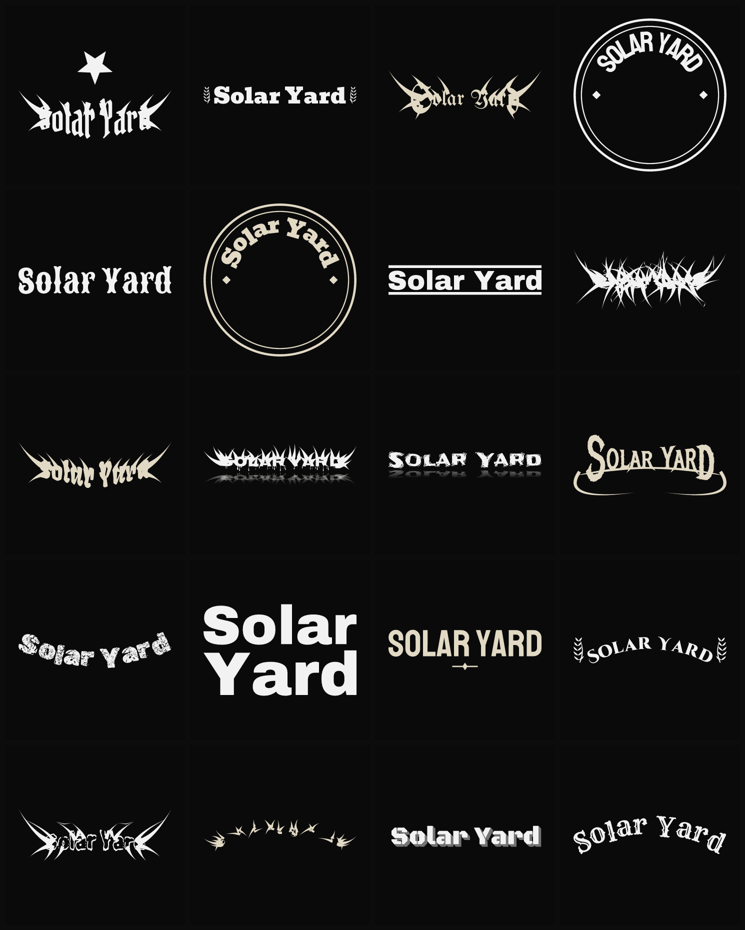 Twenty Solar Yard band logo ideas — different faces, treatments and spike settings