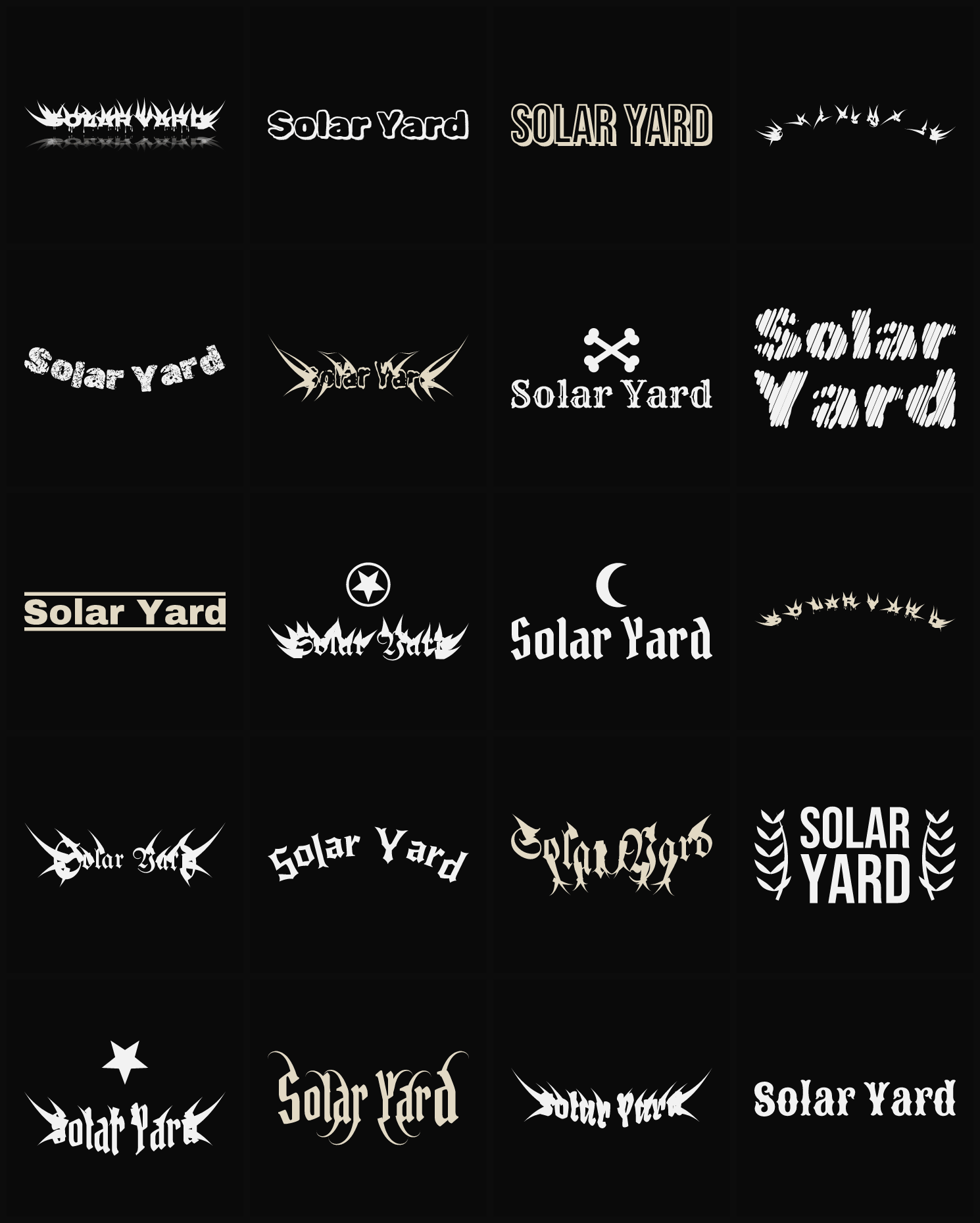 Twenty Solar Yard band logo ideas — different faces, treatments and spike settings