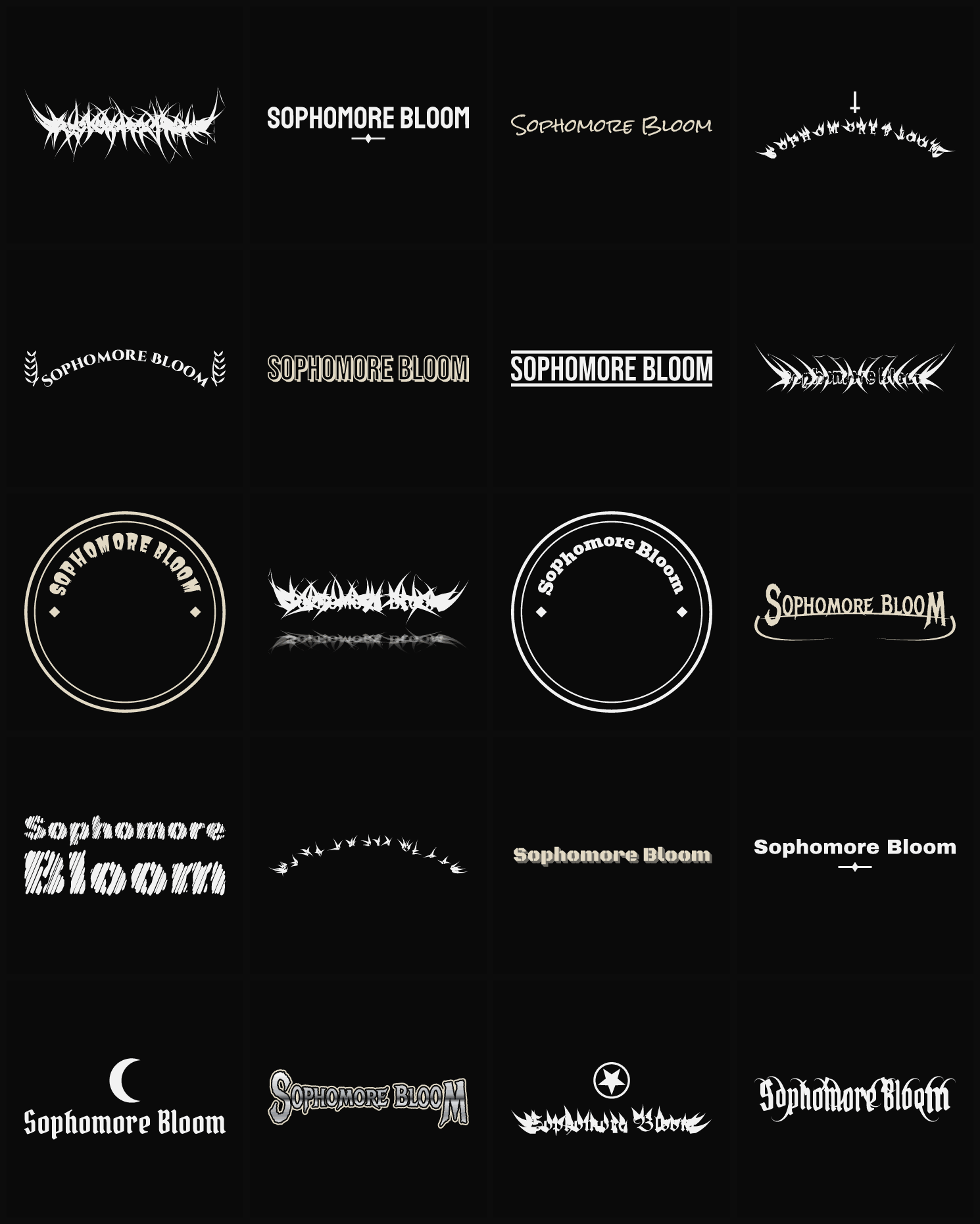 Twenty Sophomore Bloom band logo ideas — different faces, treatments and spike settings