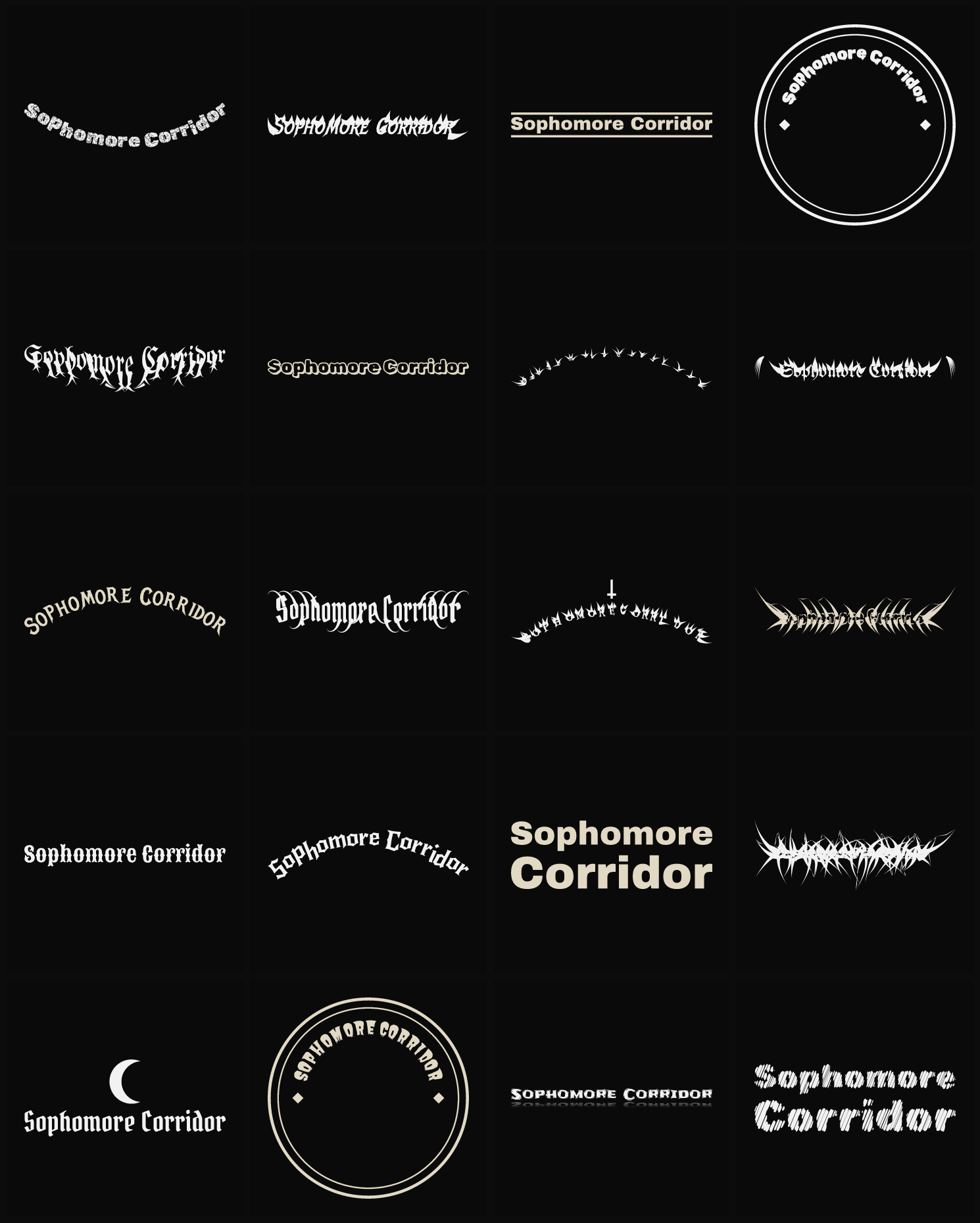 Twenty Sophomore Corridor band logo ideas — different faces, treatments and spike settings