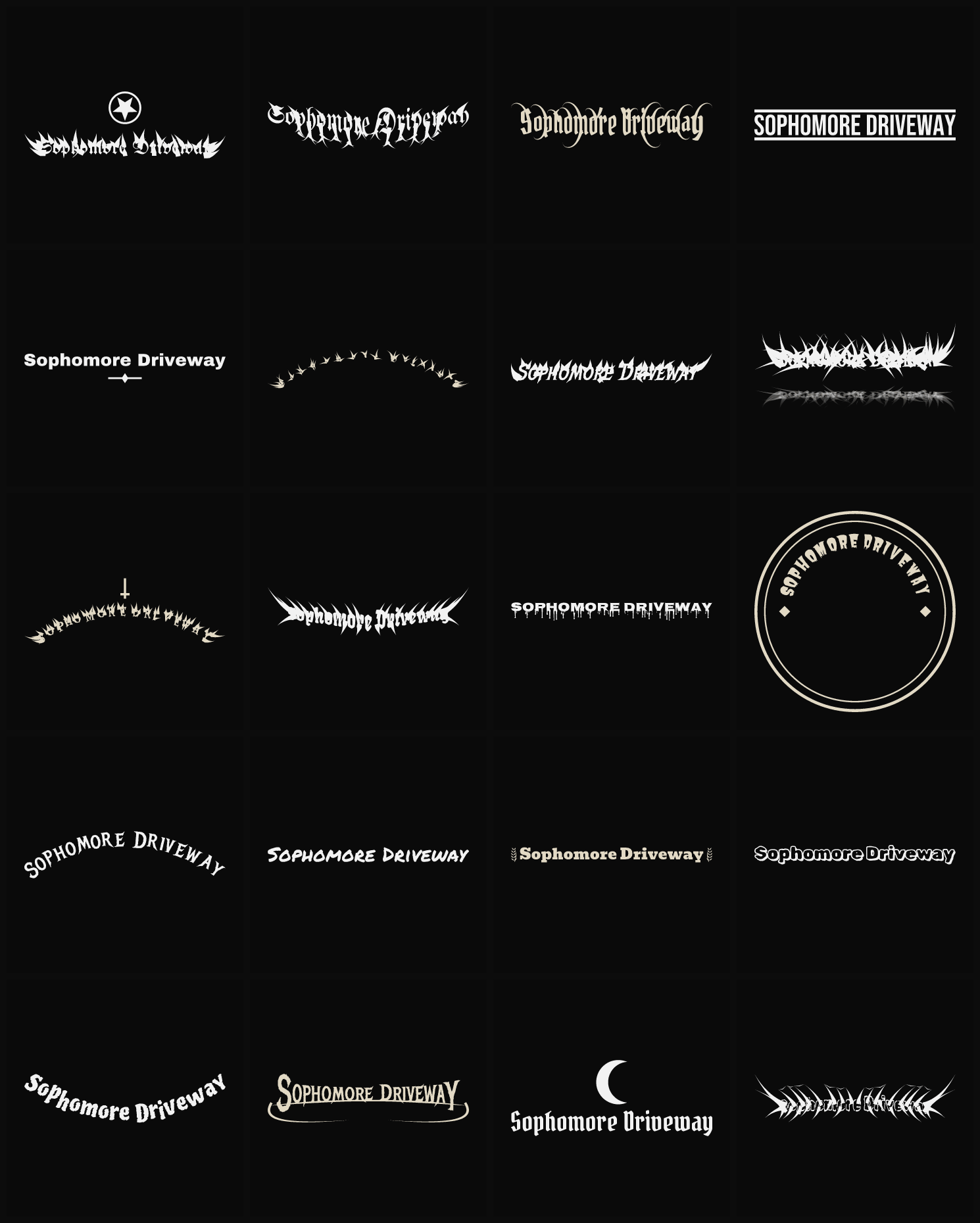 Twenty Sophomore Driveway band logo ideas — different faces, treatments and spike settings