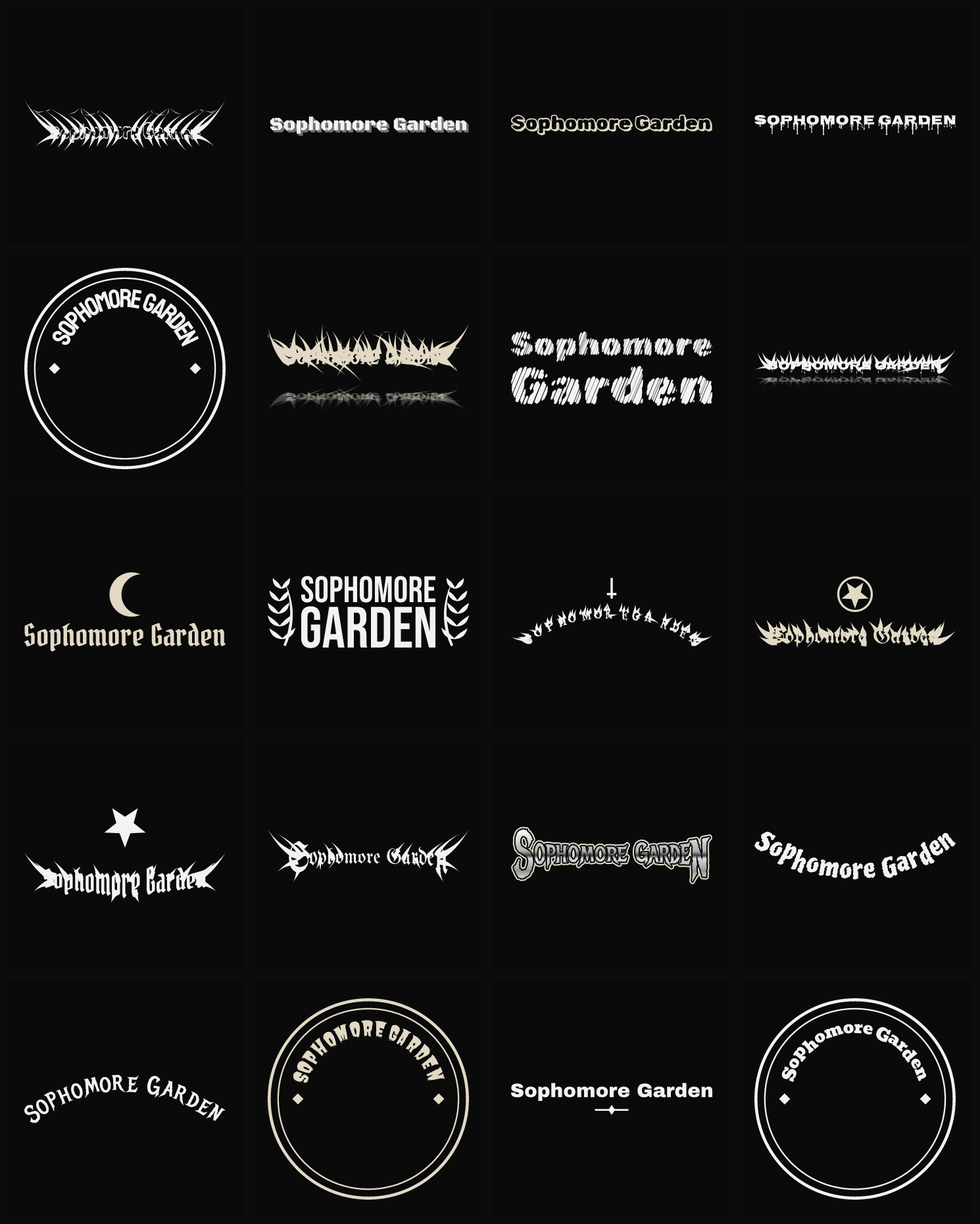 Twenty Sophomore Garden band logo ideas — different faces, treatments and spike settings