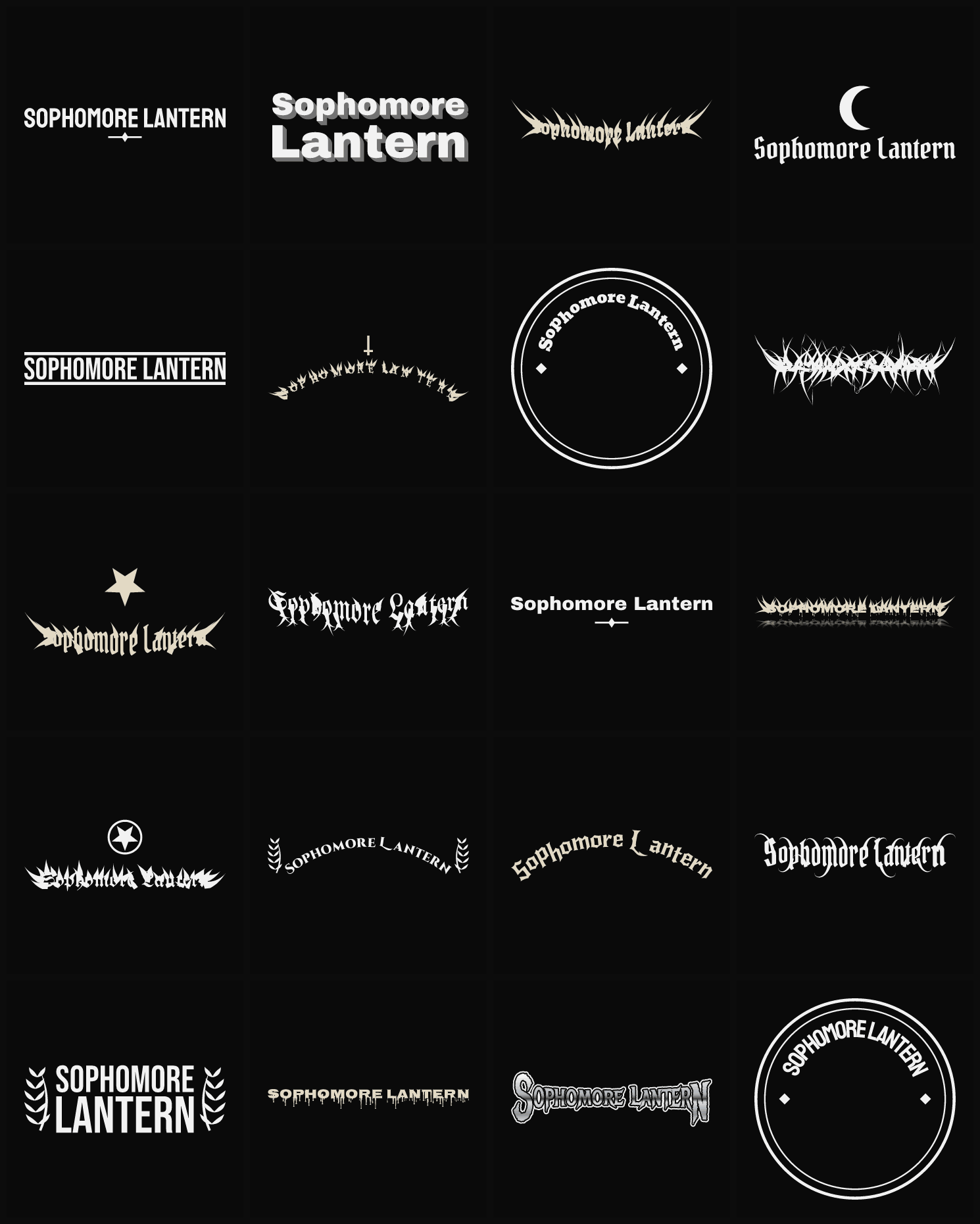 Twenty Sophomore Lantern band logo ideas — different faces, treatments and spike settings