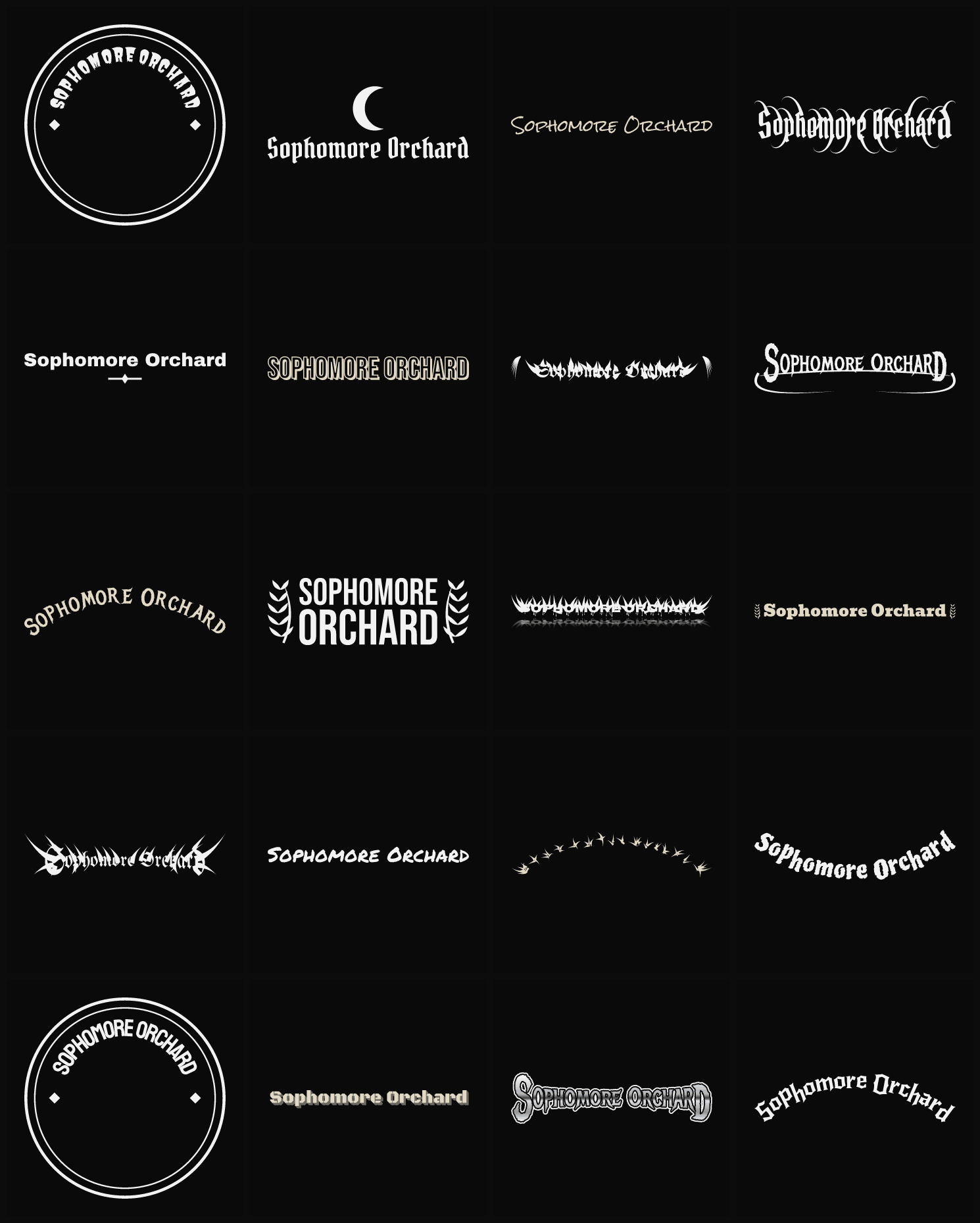 Twenty Sophomore Orchard band logo ideas — different faces, treatments and spike settings