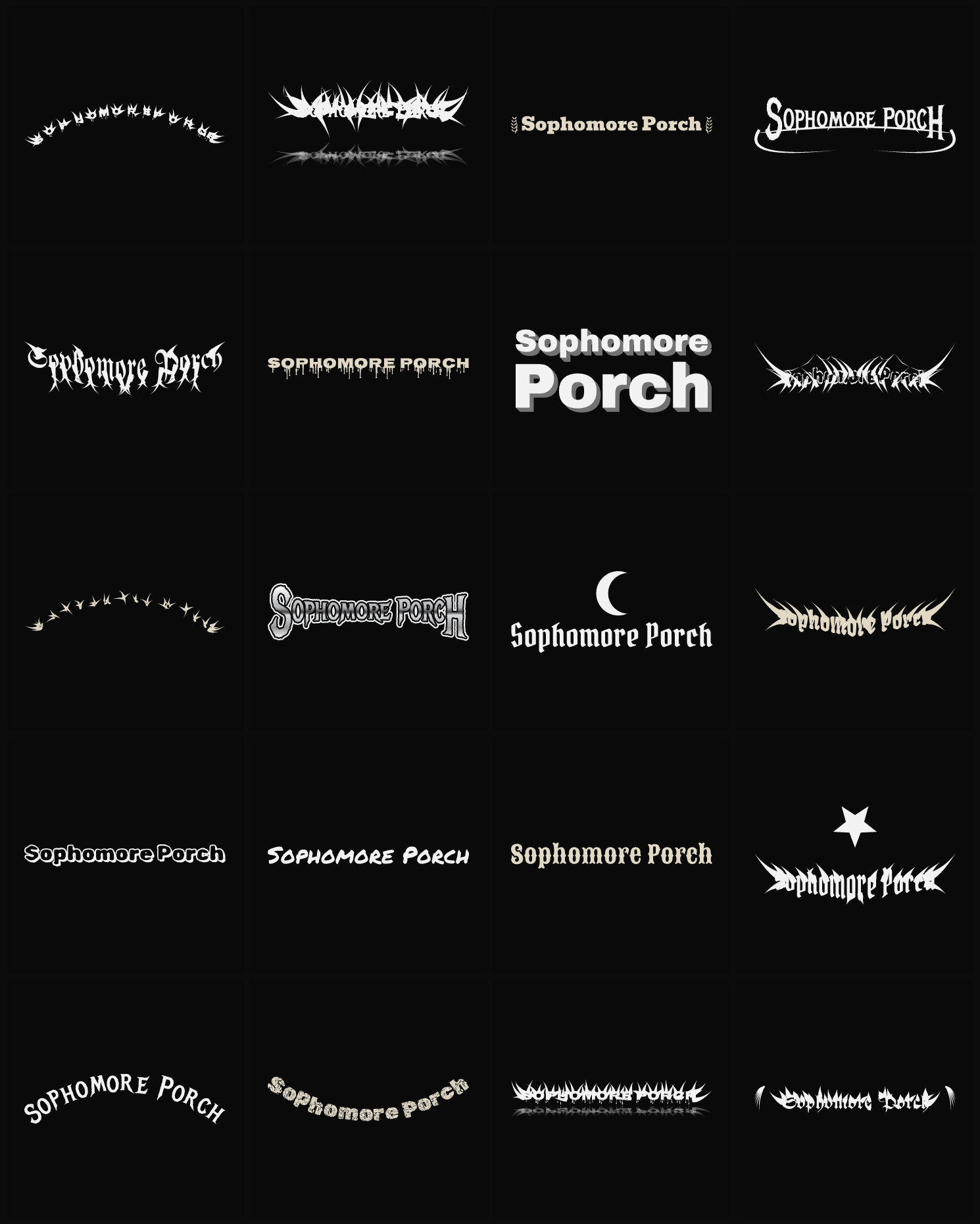 Twenty Sophomore Porch band logo ideas — different faces, treatments and spike settings