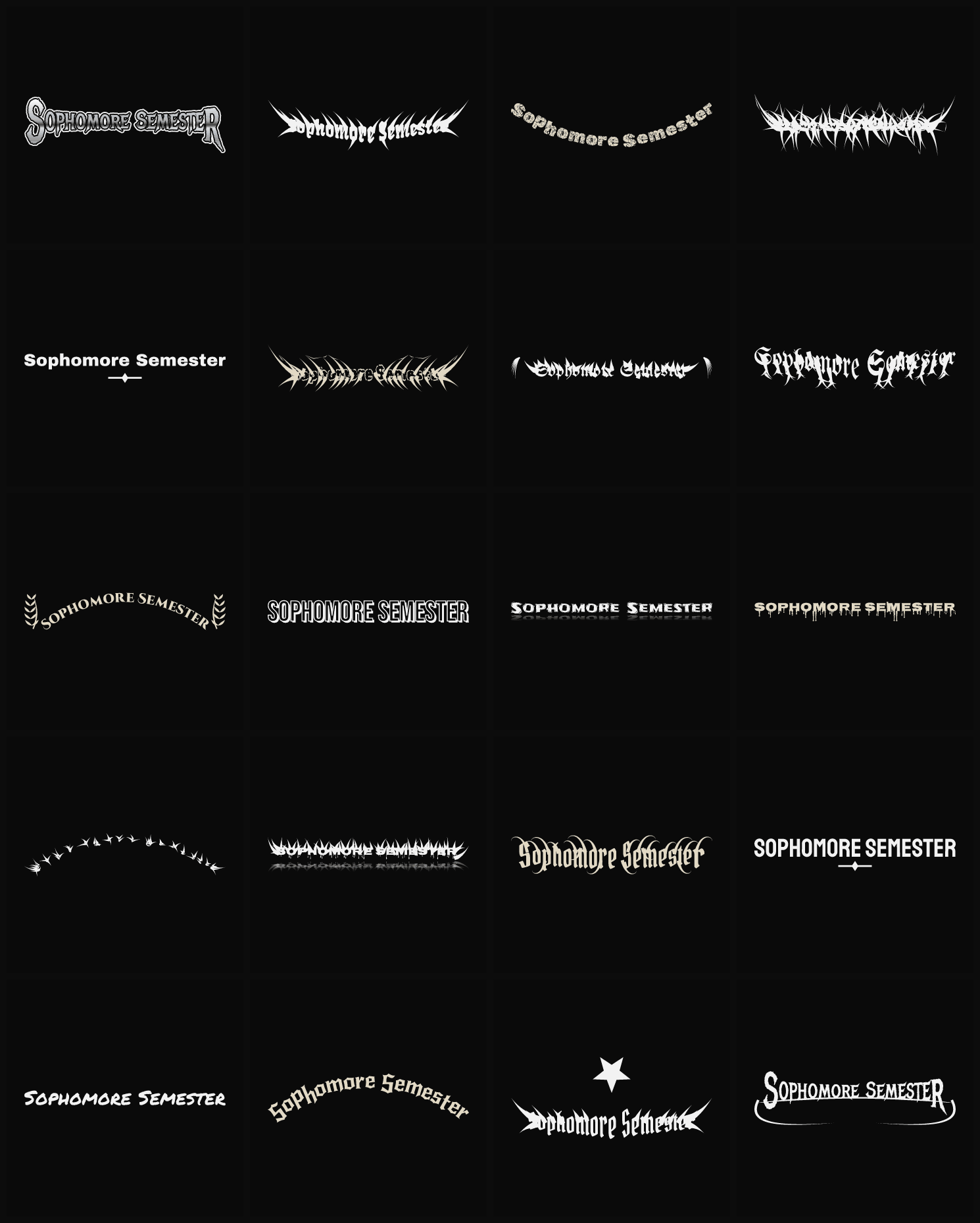 Twenty Sophomore Semester band logo ideas — different faces, treatments and spike settings