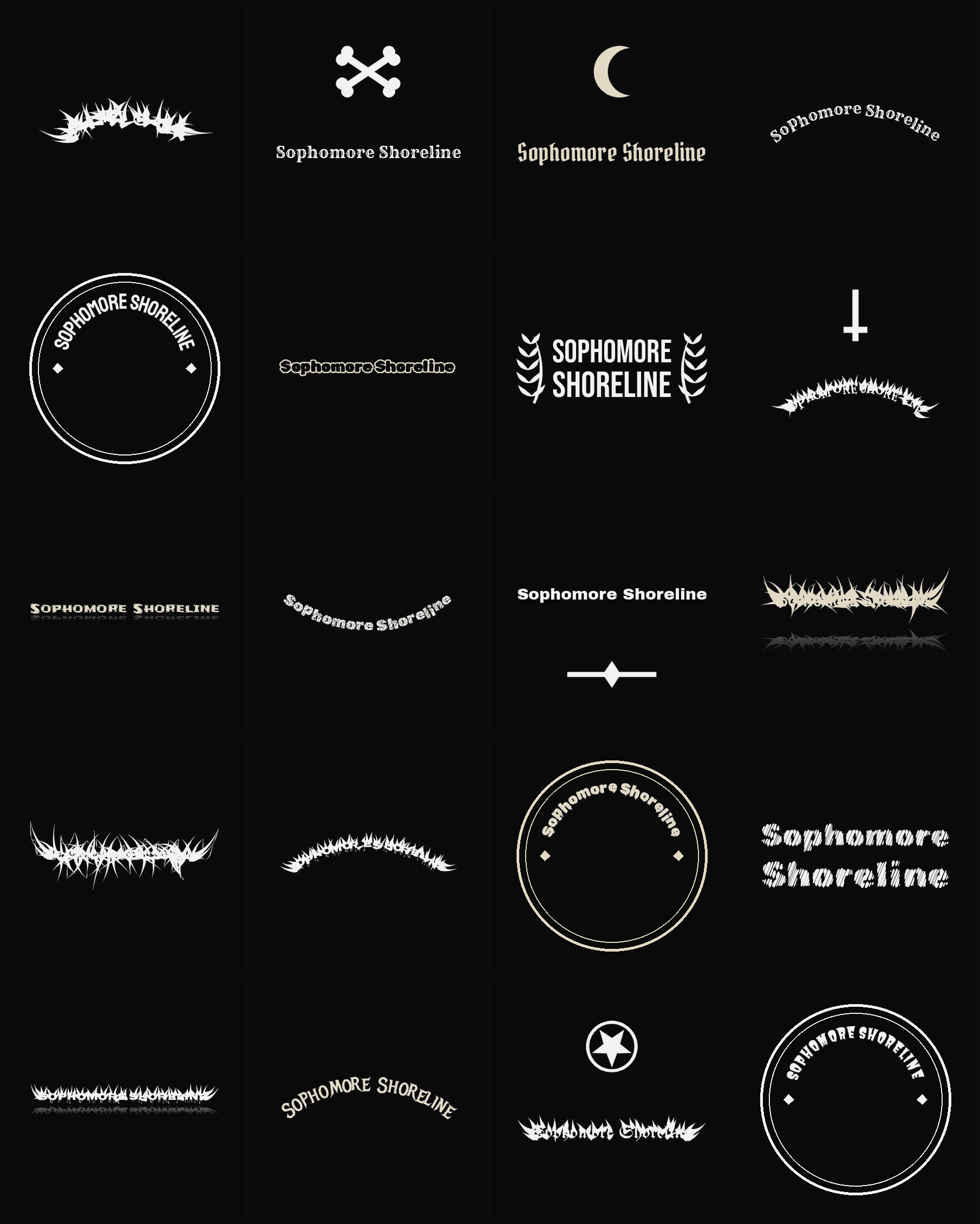 Twenty Sophomore Shoreline band logo ideas — different faces, treatments and spike settings