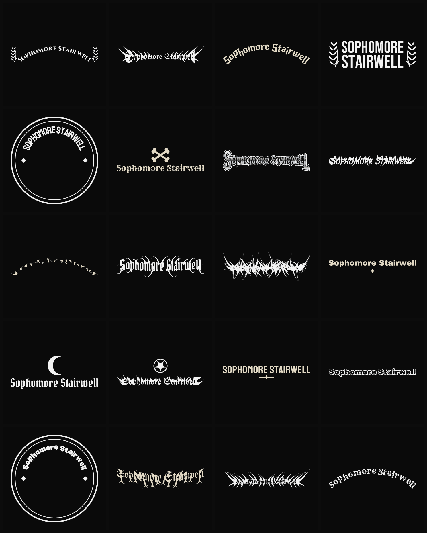Twenty Sophomore Stairwell band logo ideas — different faces, treatments and spike settings
