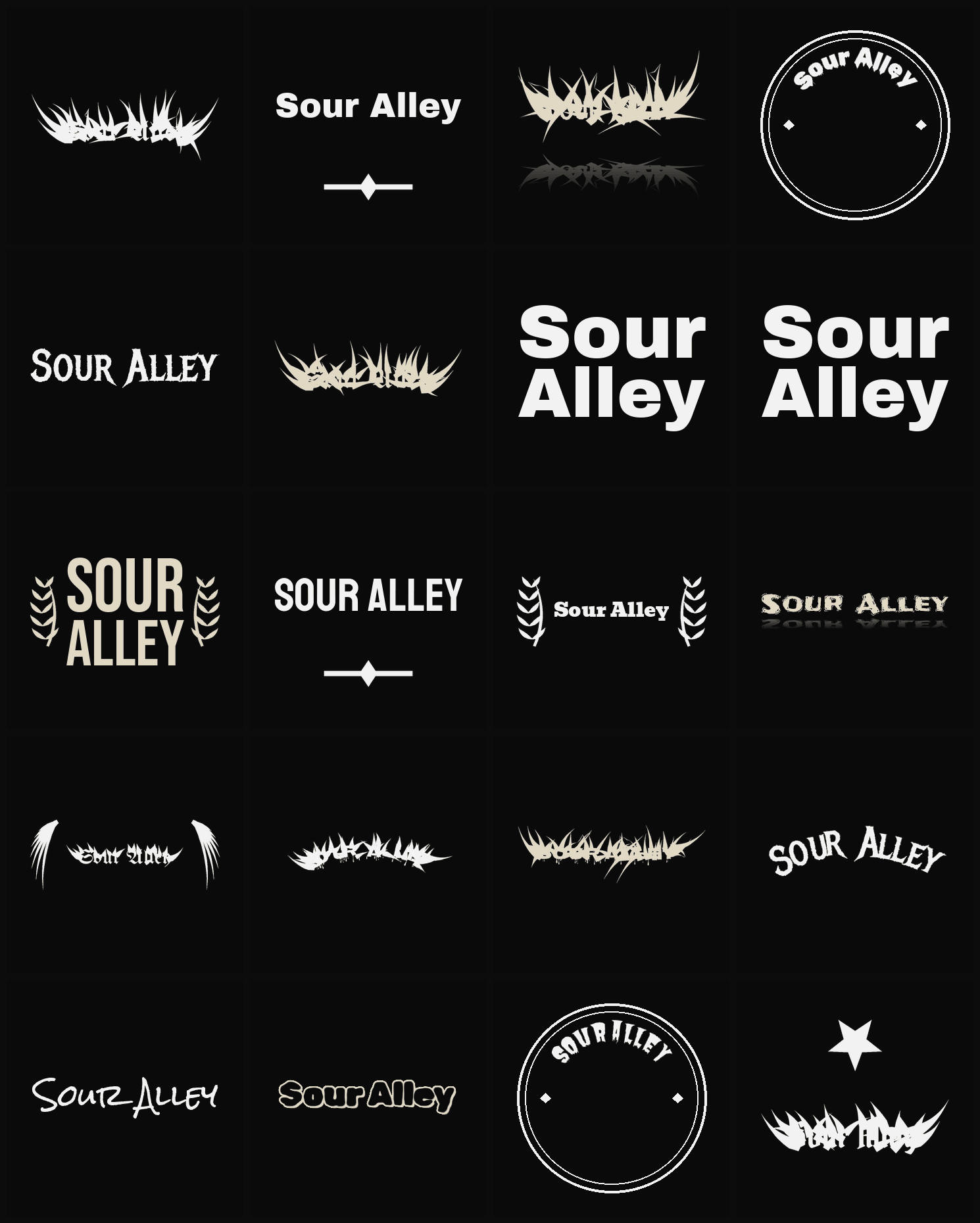 Twenty Sour Alley band logo ideas — different faces, treatments and spike settings