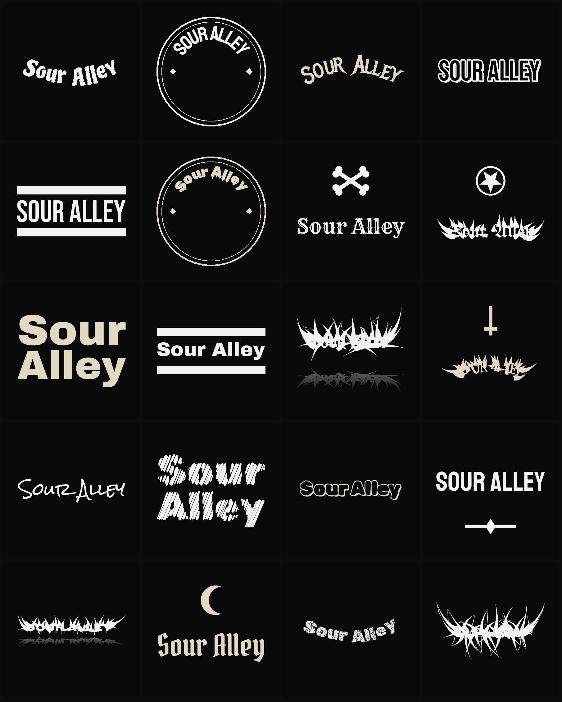 Twenty Sour Alley band logo ideas — different faces, treatments and spike settings
