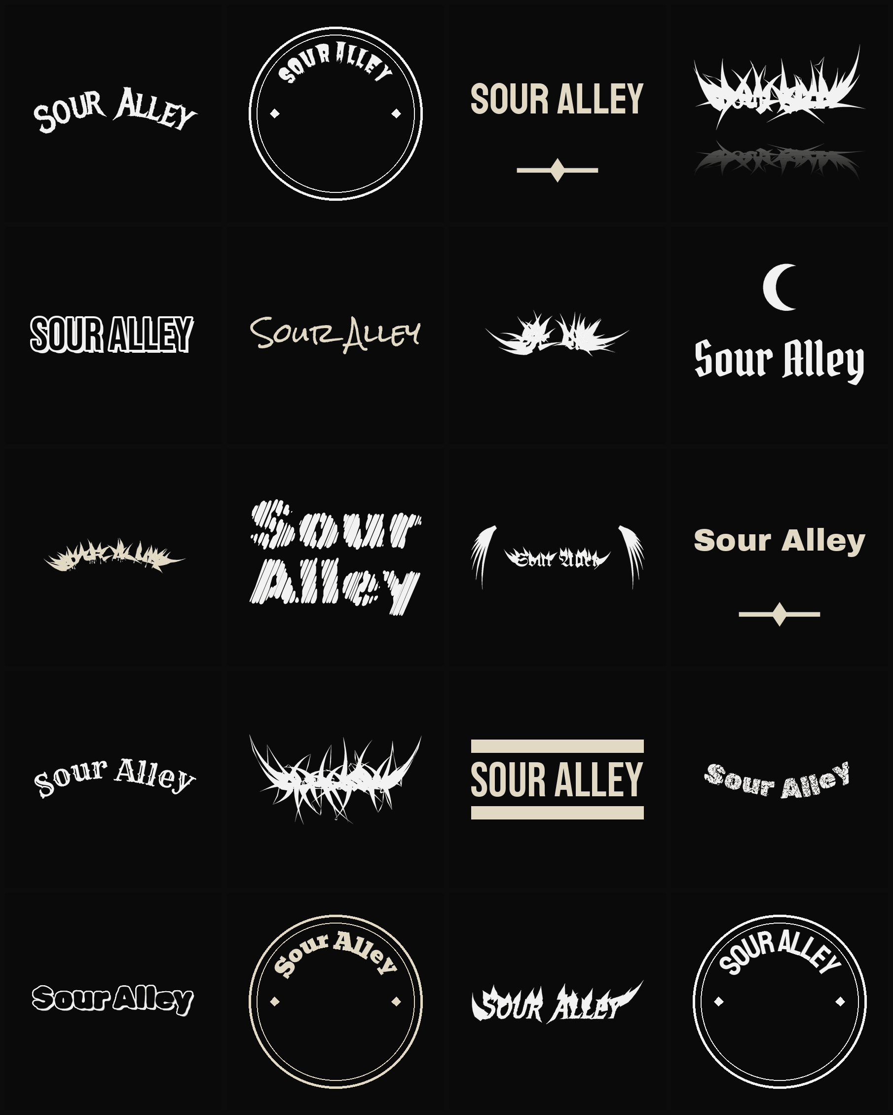 Twenty Sour Alley band logo ideas — different faces, treatments and spike settings