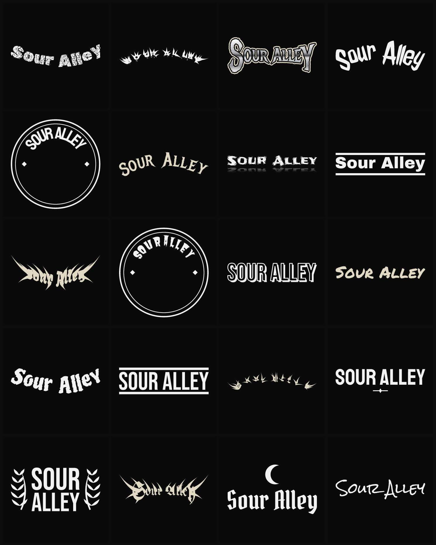 Twenty Sour Alley band logo ideas — different faces, treatments and spike settings