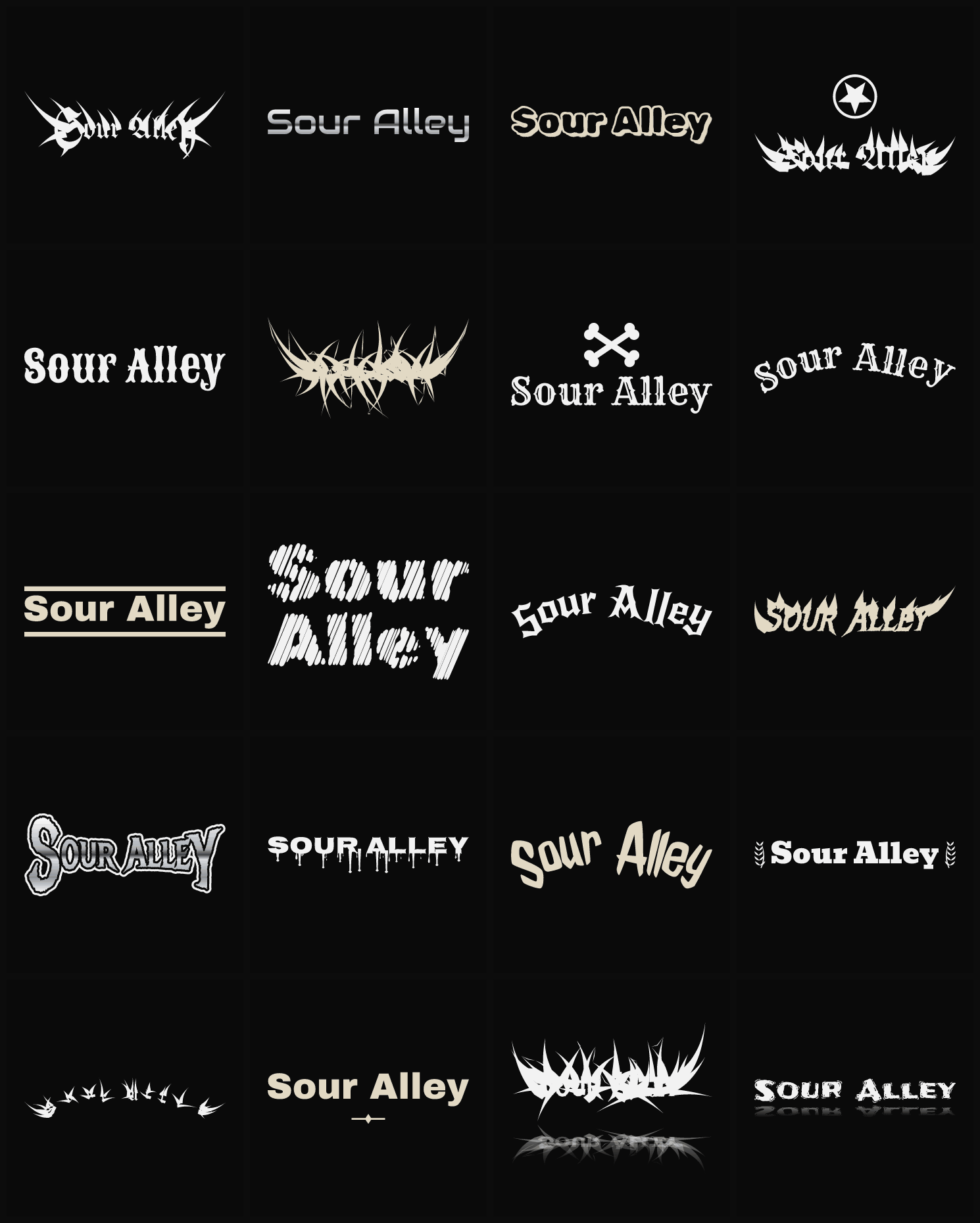 Twenty Sour Alley band logo ideas — different faces, treatments and spike settings