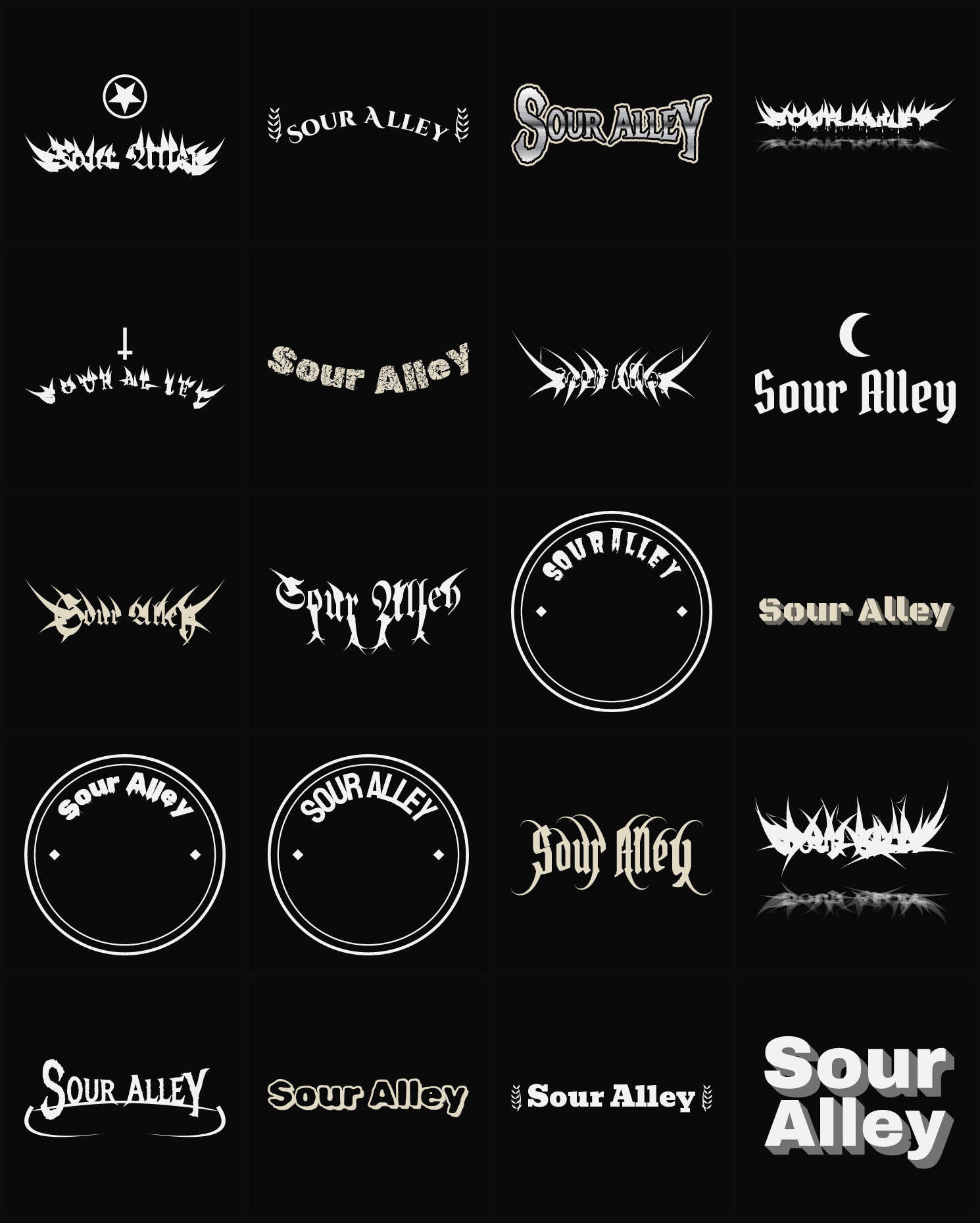 Twenty Sour Alley band logo ideas — different faces, treatments and spike settings