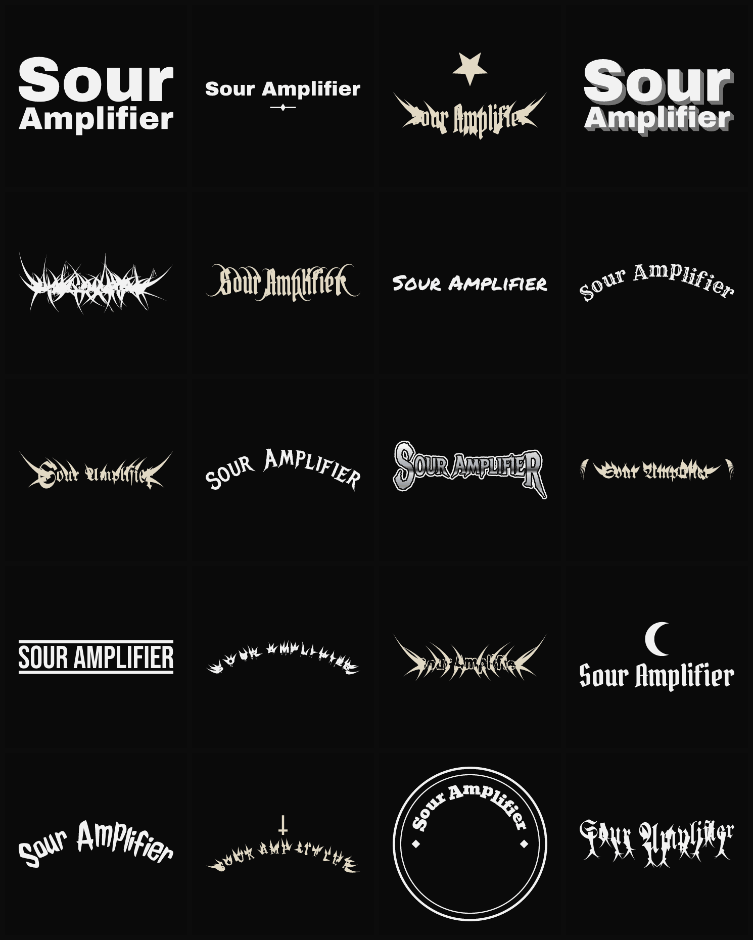 Twenty Sour Amplifier band logo ideas — different faces, treatments and spike settings