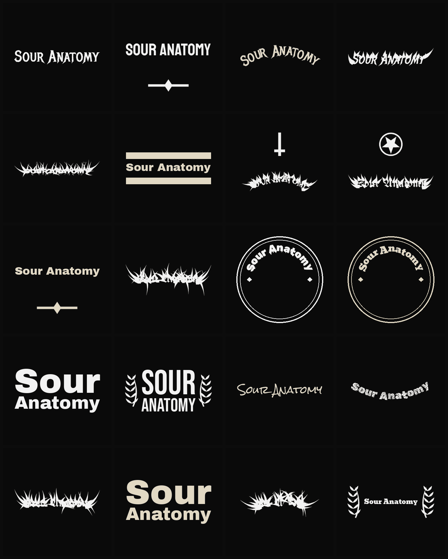 Twenty Sour Anatomy band logo ideas — different faces, treatments and spike settings