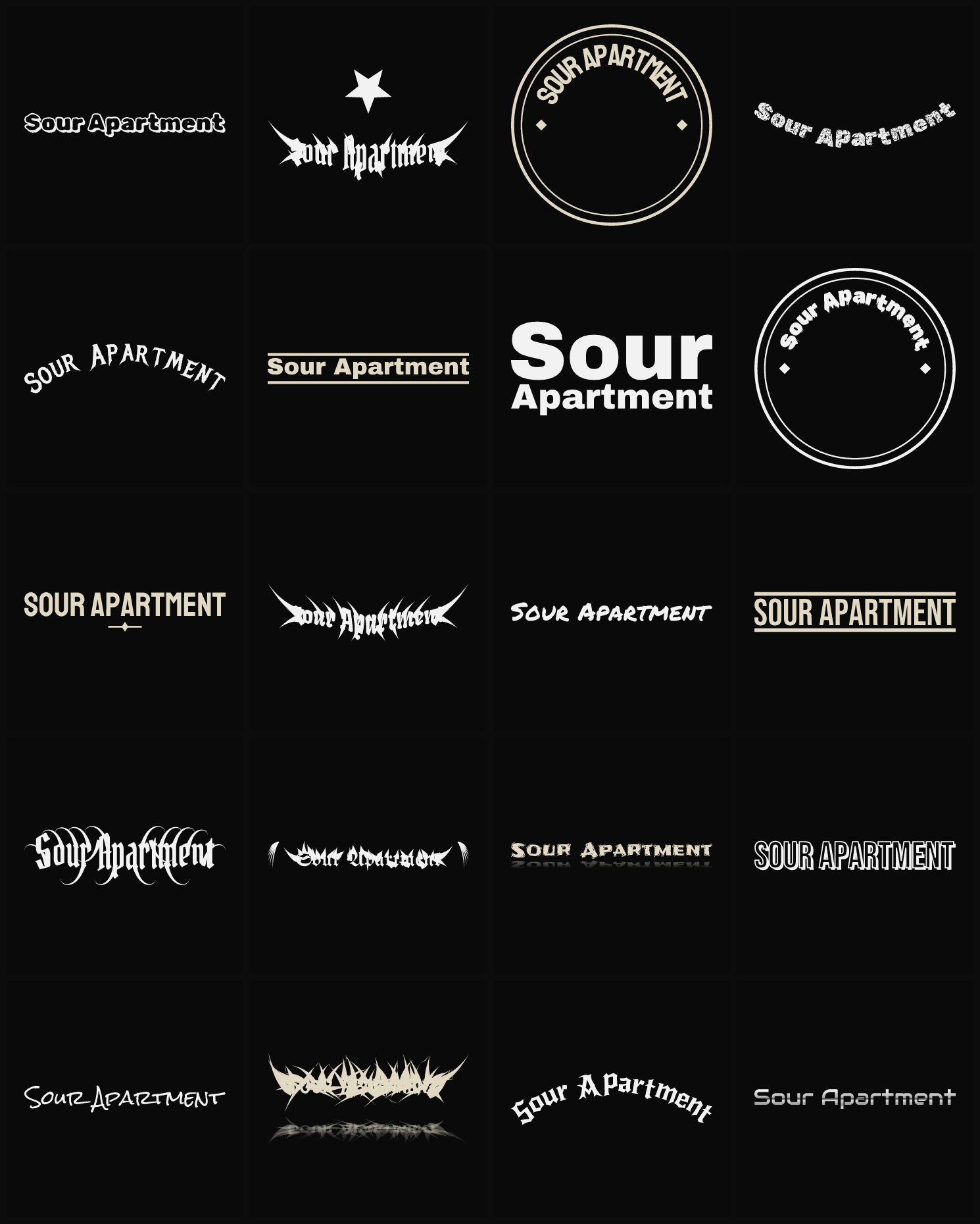 Twenty Sour Apartment band logo ideas — different faces, treatments and spike settings