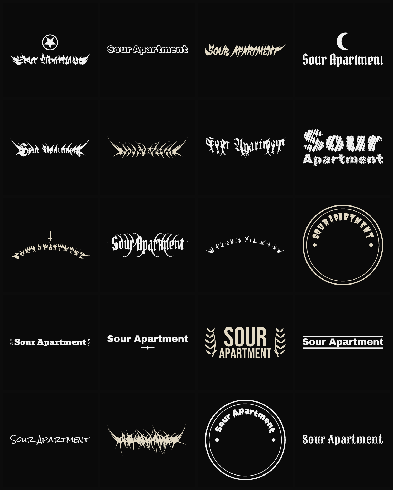 Twenty Sour Apartment band logo ideas — different faces, treatments and spike settings