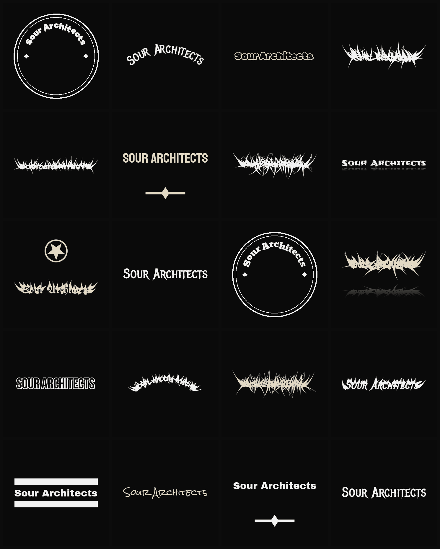 Twenty Sour Architects band logo ideas — different faces, treatments and spike settings