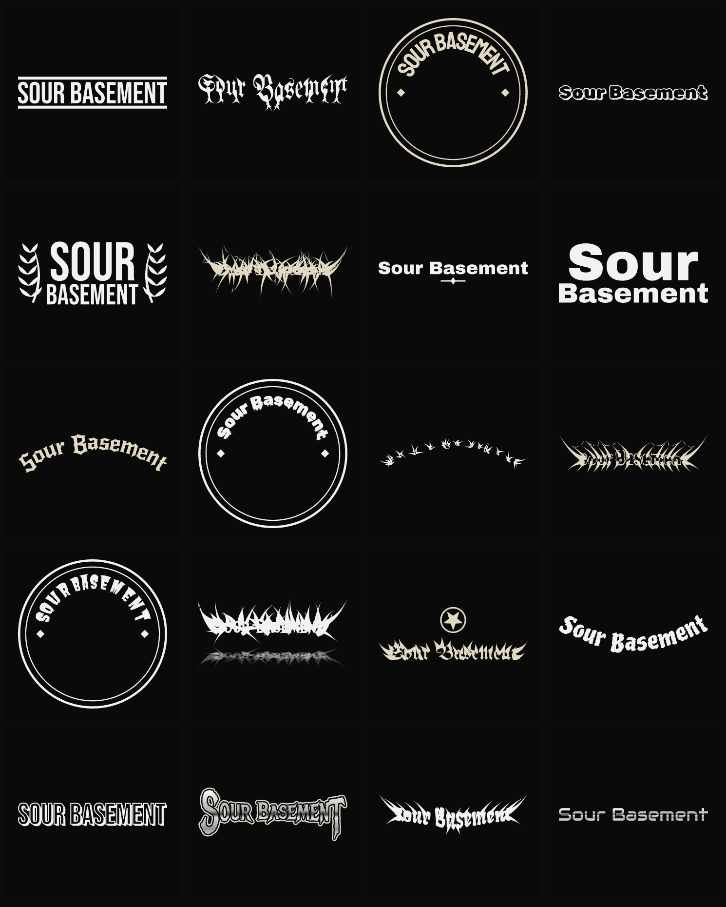 Twenty Sour Basement band logo ideas — different faces, treatments and spike settings