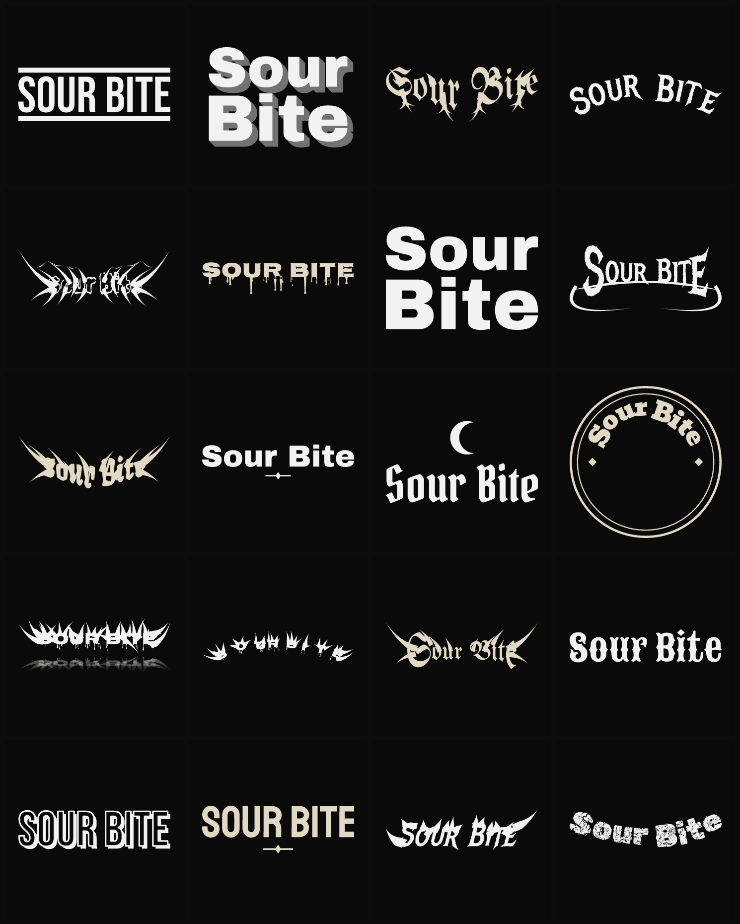 Twenty Sour Bite band logo ideas — different faces, treatments and spike settings