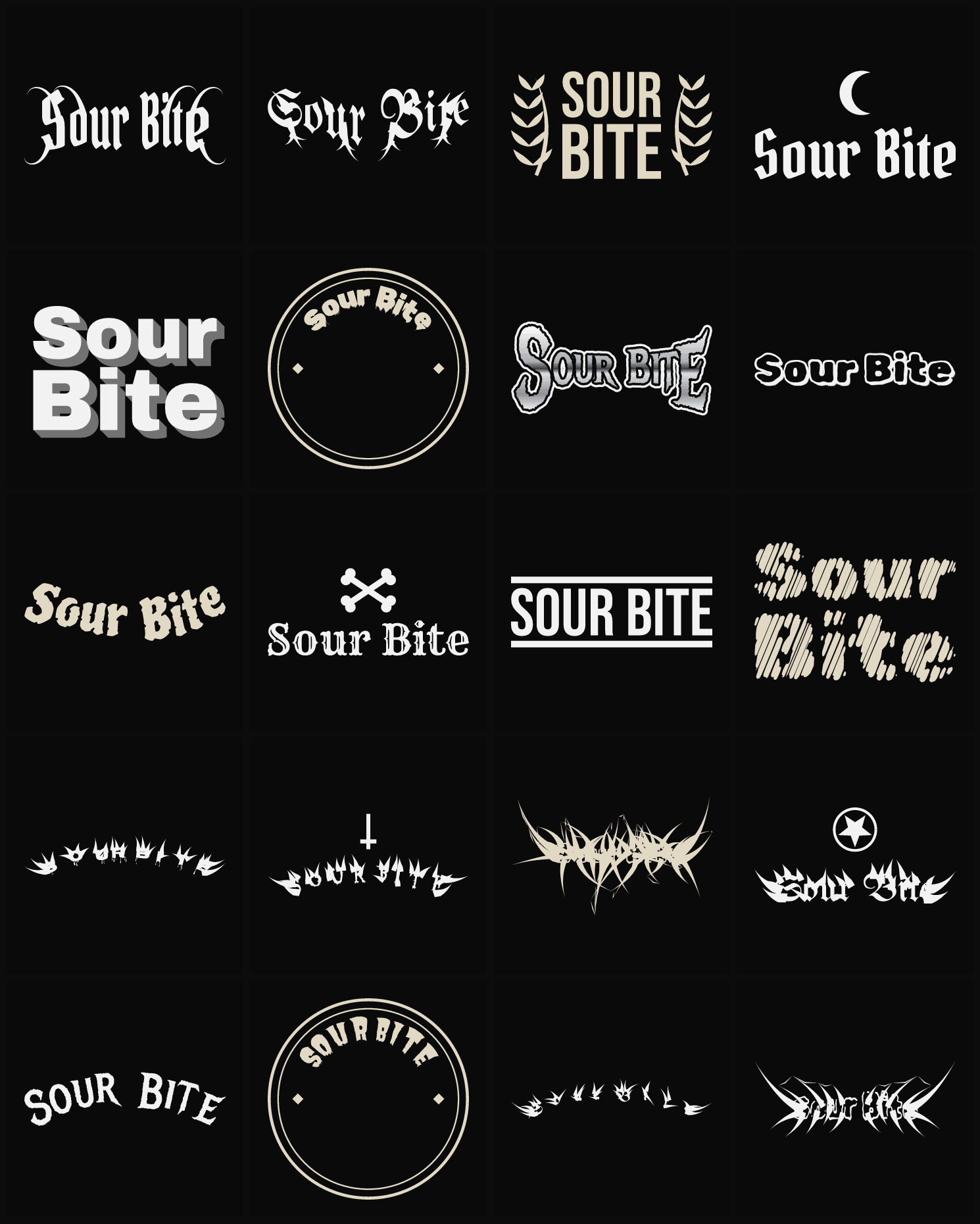 Twenty Sour Bite band logo ideas — different faces, treatments and spike settings