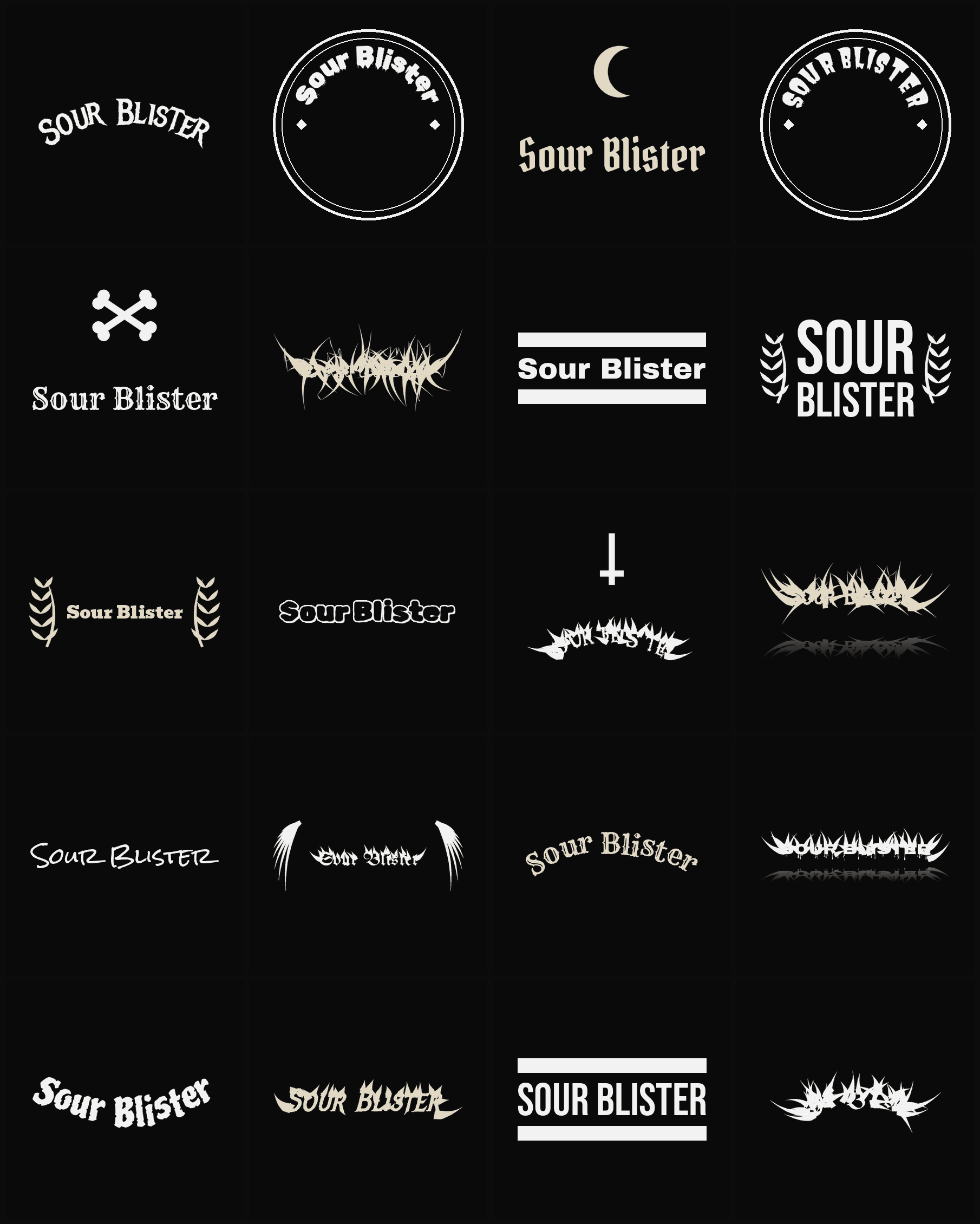 Twenty Sour Blister band logo ideas — different faces, treatments and spike settings