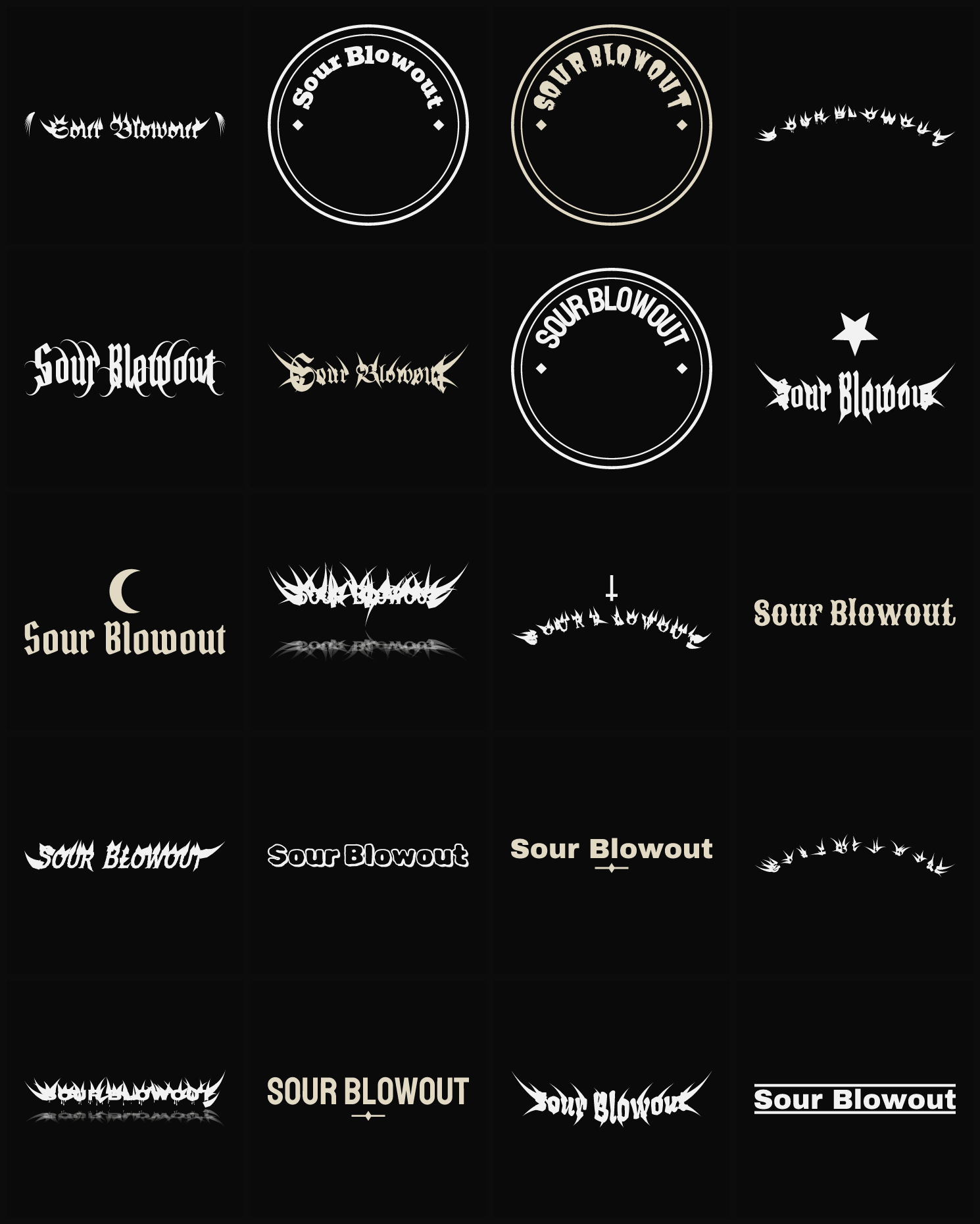 Twenty Sour Blowout band logo ideas — different faces, treatments and spike settings