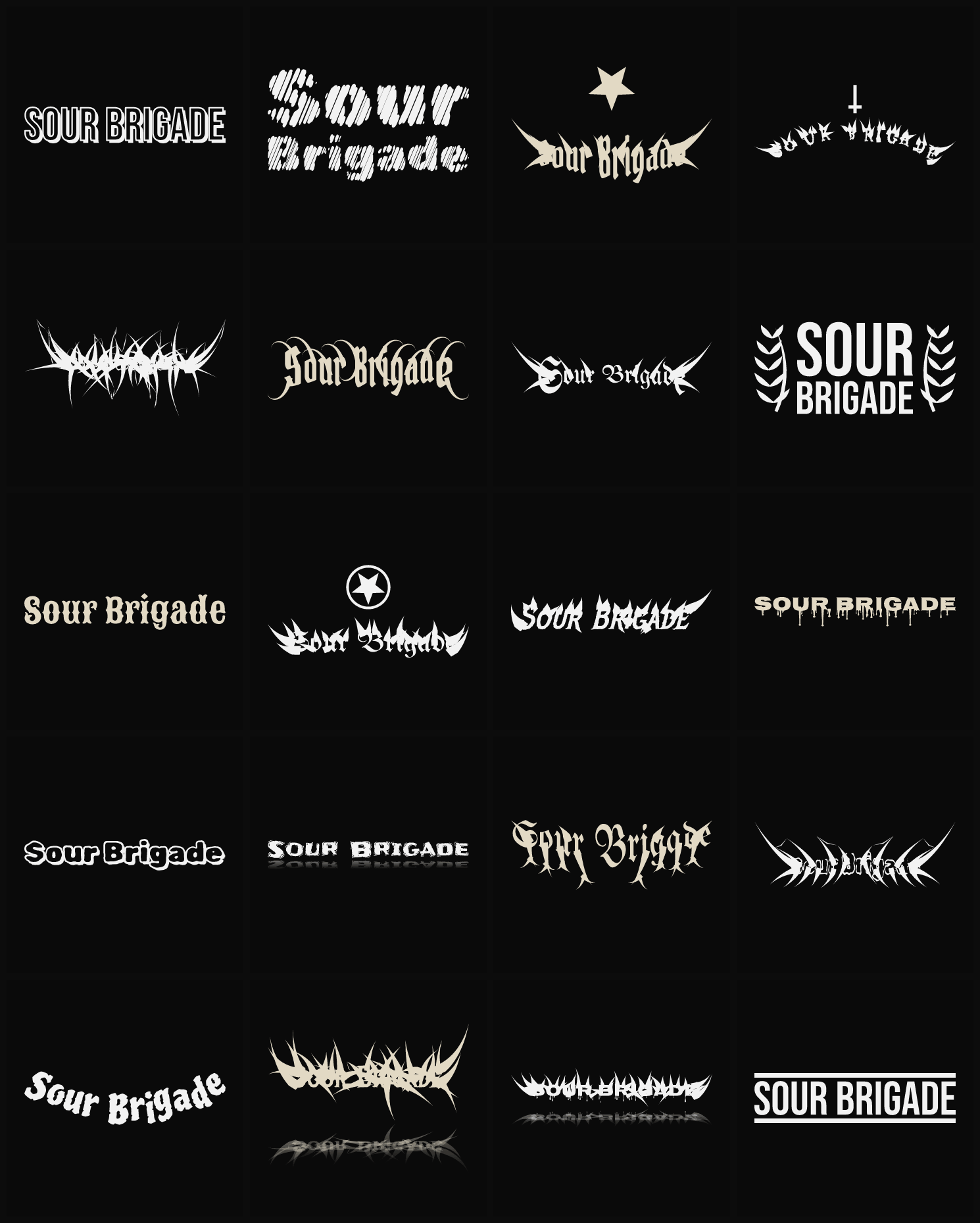 Twenty Sour Brigade band logo ideas — different faces, treatments and spike settings