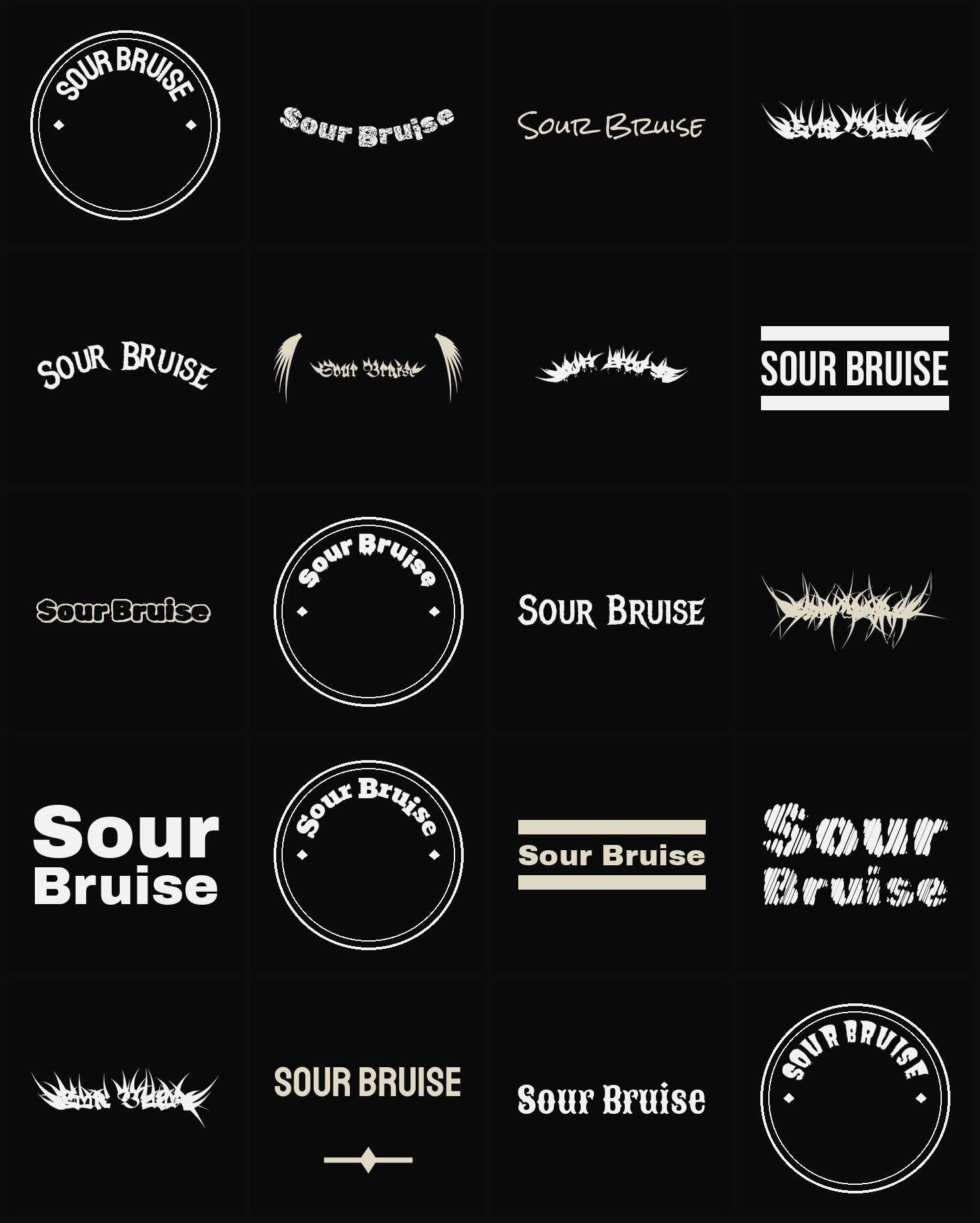 Twenty Sour Bruise band logo ideas — different faces, treatments and spike settings