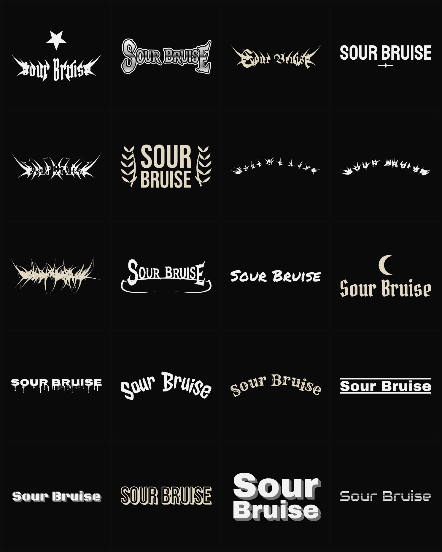 Twenty Sour Bruise band logo ideas — different faces, treatments and spike settings