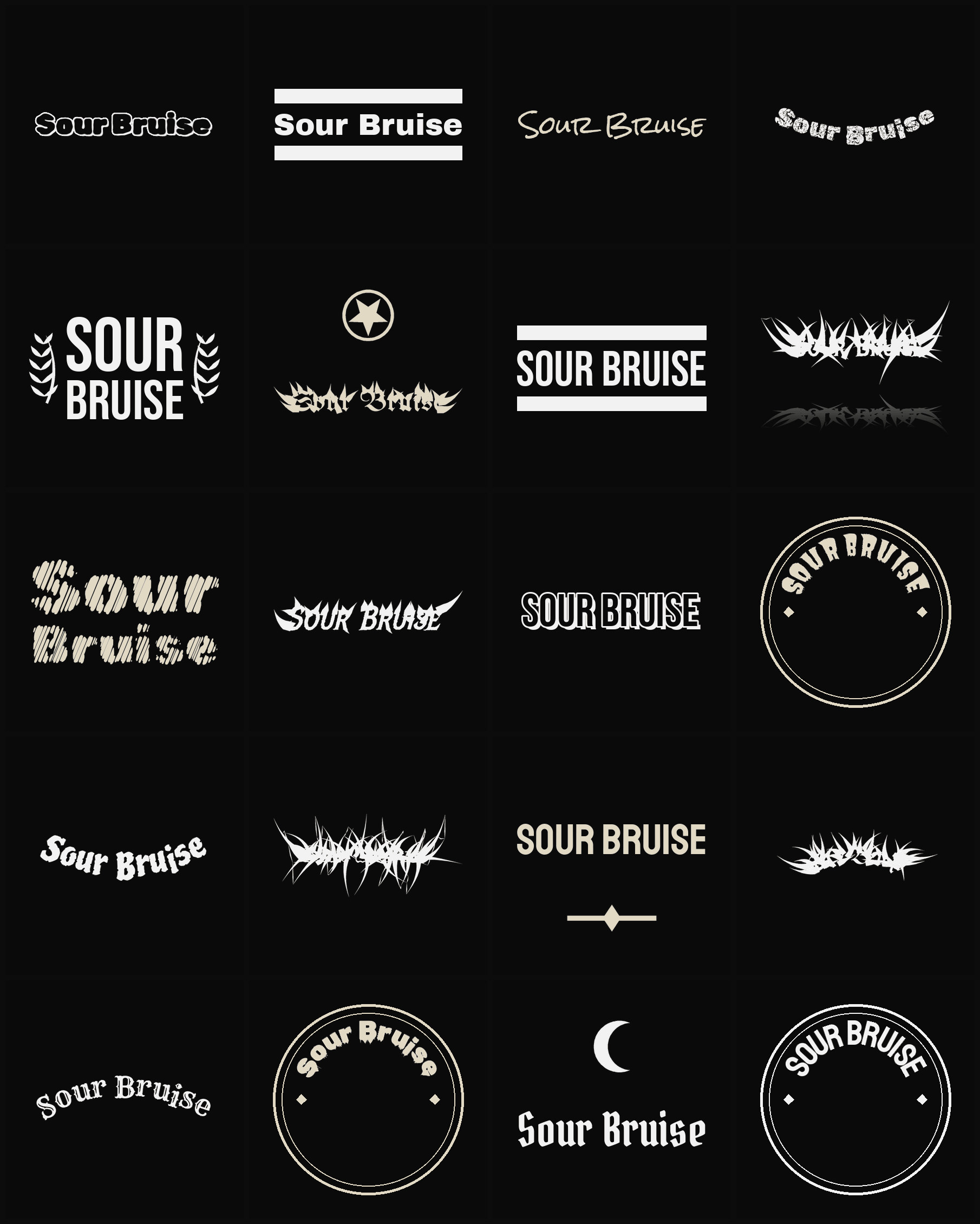 Twenty Sour Bruise band logo ideas — different faces, treatments and spike settings