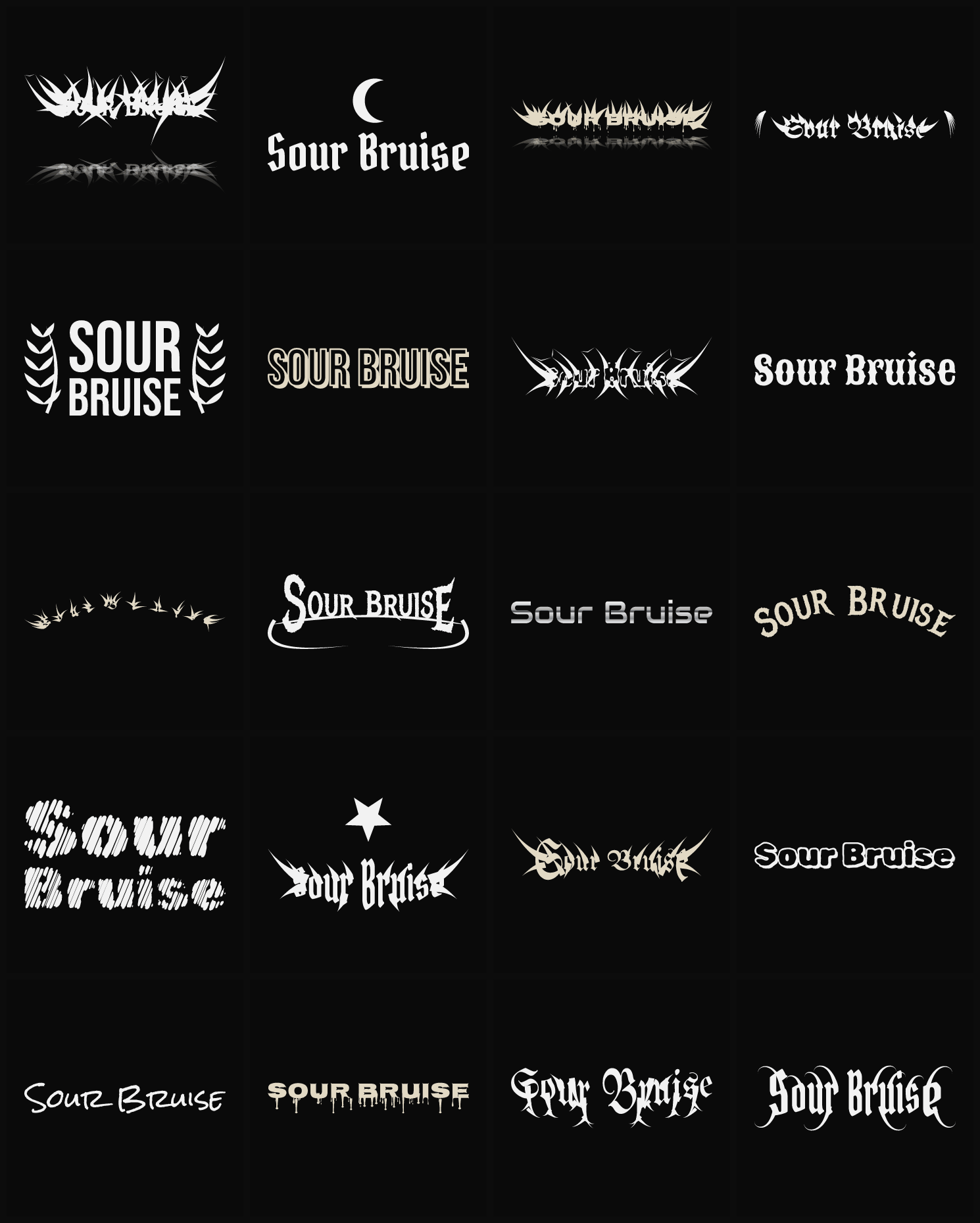 Twenty Sour Bruise band logo ideas — different faces, treatments and spike settings