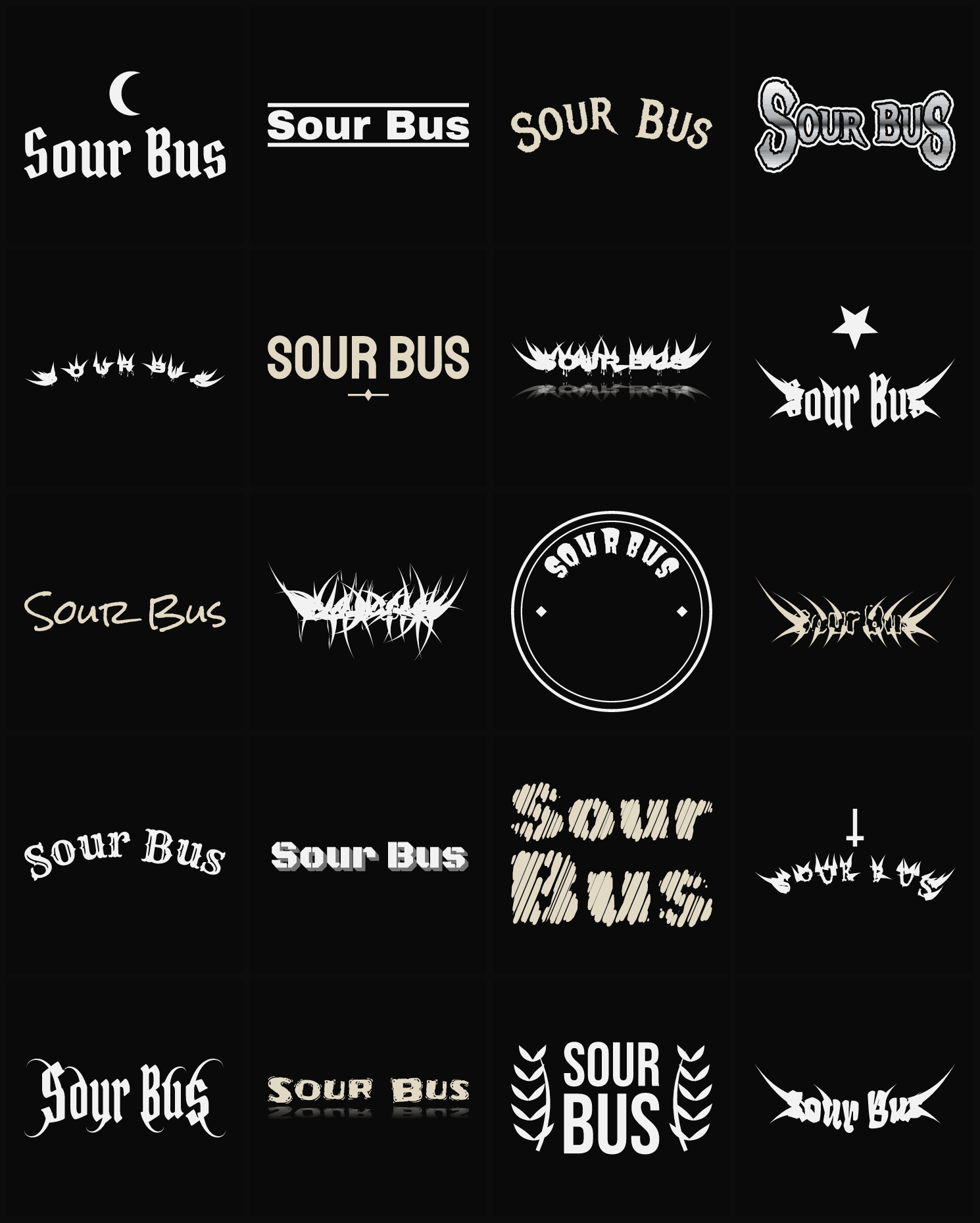 Twenty Sour Bus band logo ideas — different faces, treatments and spike settings