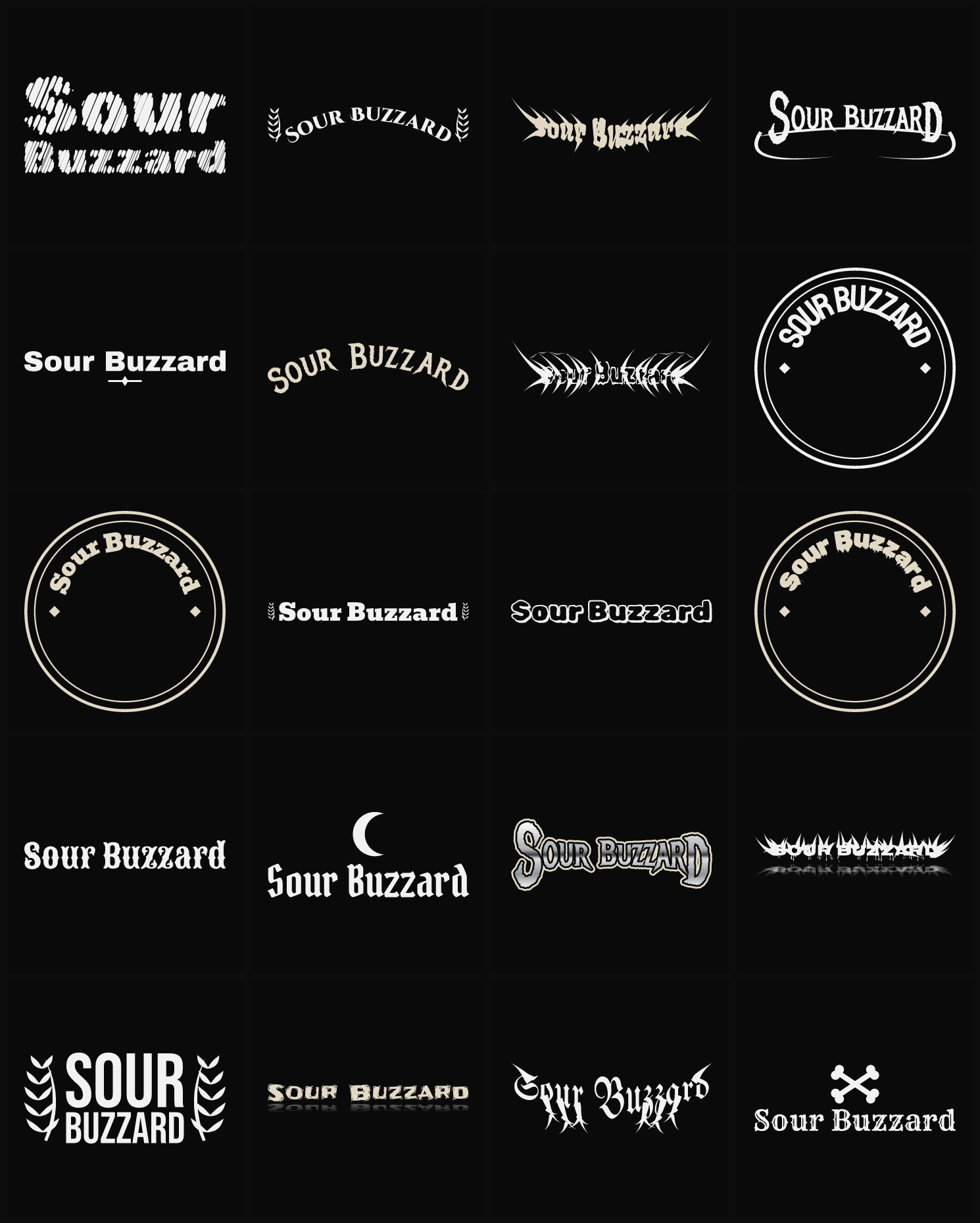 Twenty Sour Buzzard band logo ideas — different faces, treatments and spike settings