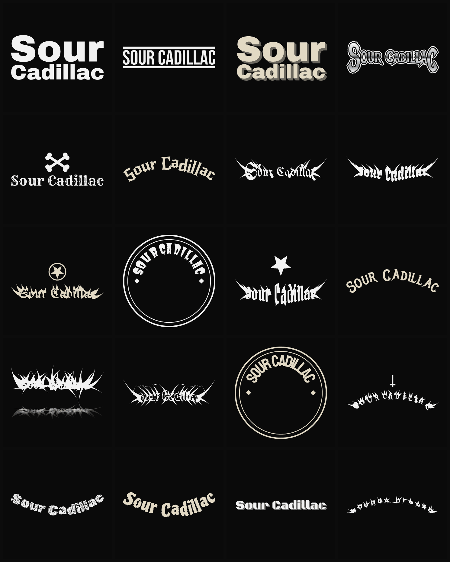 Twenty Sour Cadillac band logo ideas — different faces, treatments and spike settings