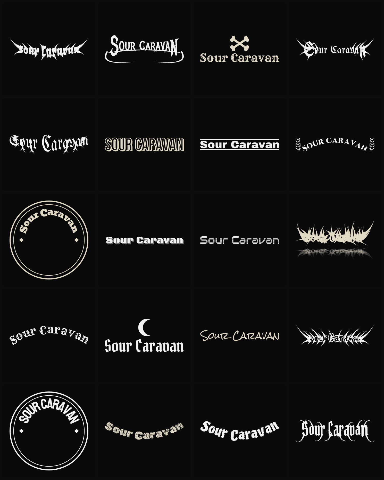 Twenty Sour Caravan band logo ideas — different faces, treatments and spike settings