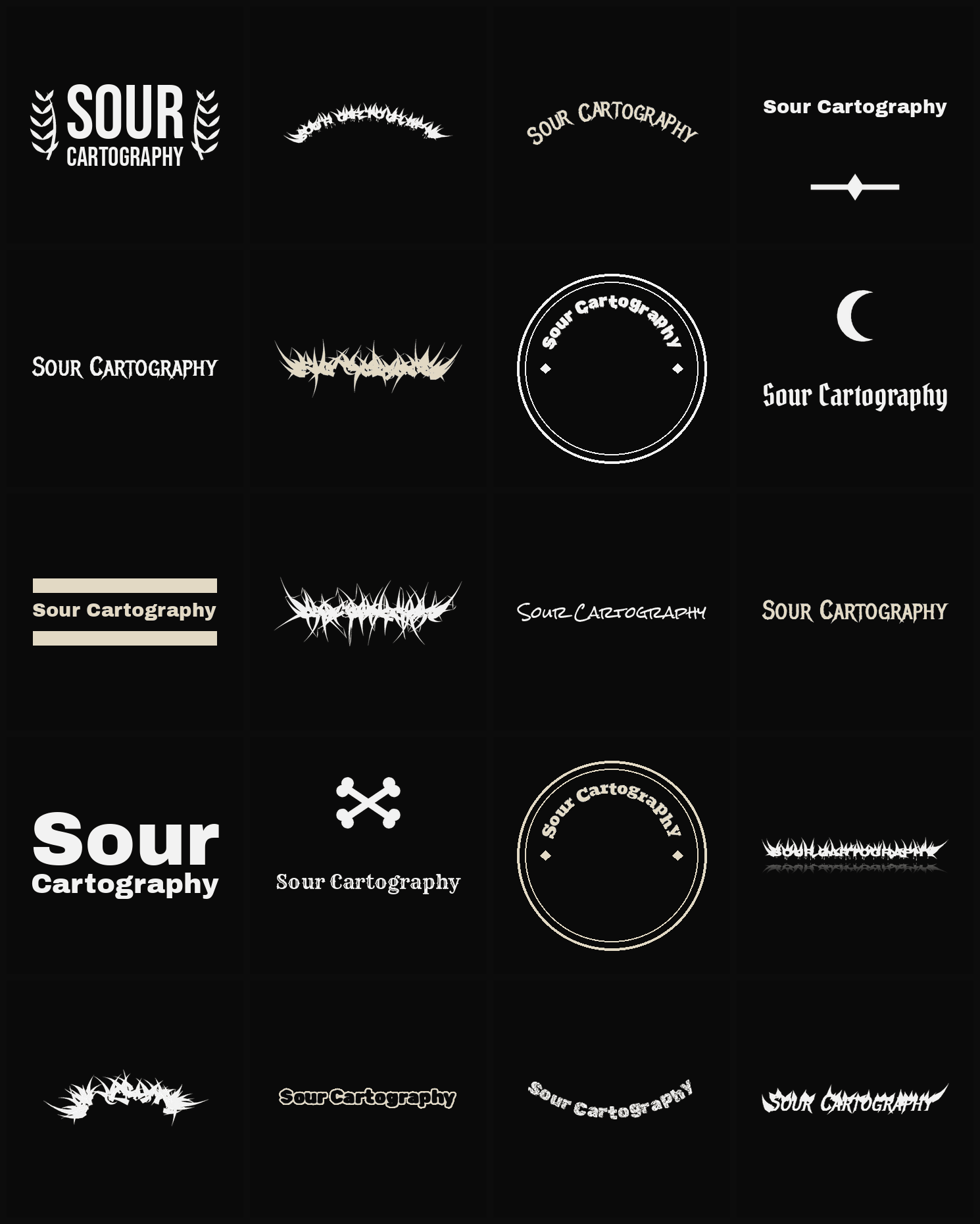 Twenty Sour Cartography band logo ideas — different faces, treatments and spike settings
