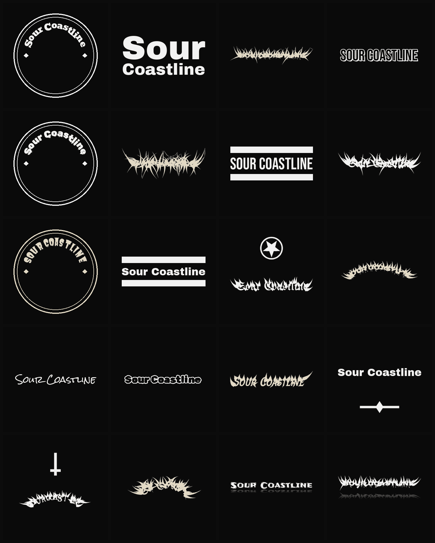 Twenty Sour Coastline band logo ideas — different faces, treatments and spike settings