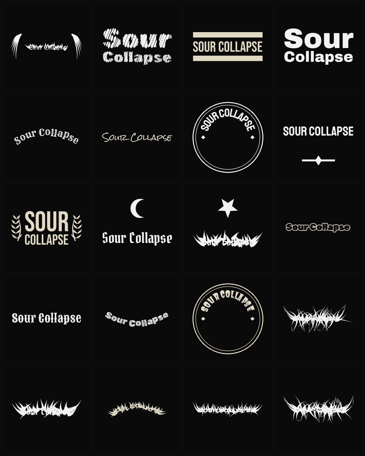 Twenty Sour Collapse band logo ideas — different faces, treatments and spike settings