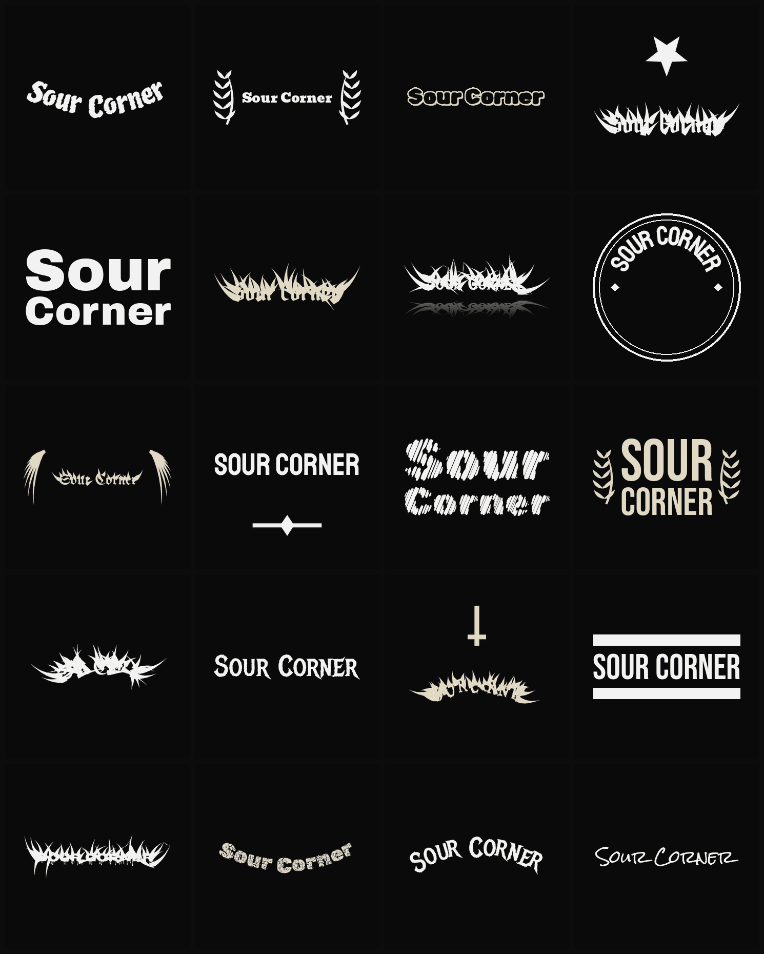 Twenty Sour Corner band logo ideas — different faces, treatments and spike settings